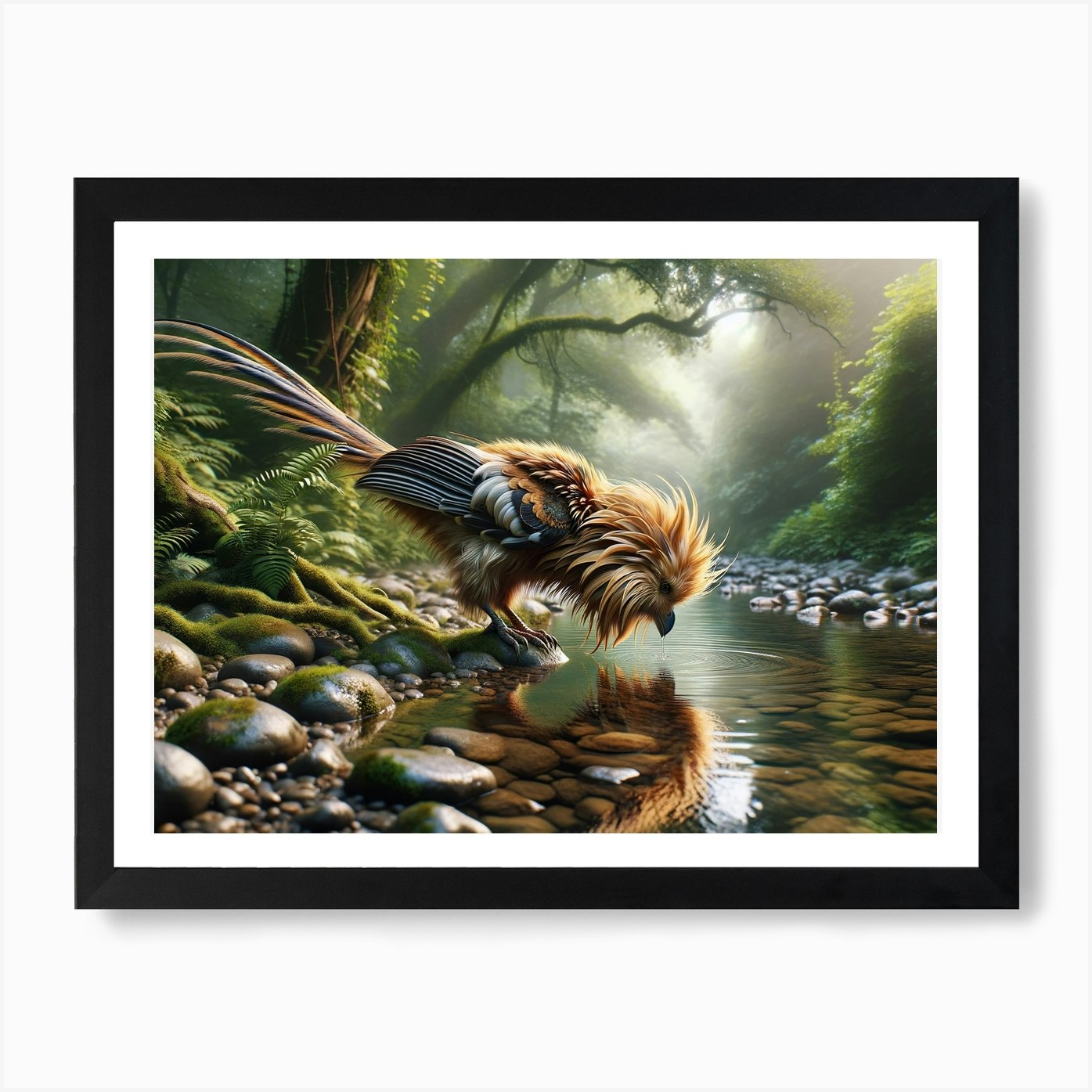 Lion Bird at the Water Fantasy Art Framed Wall Art Poster Canvas Print Picture