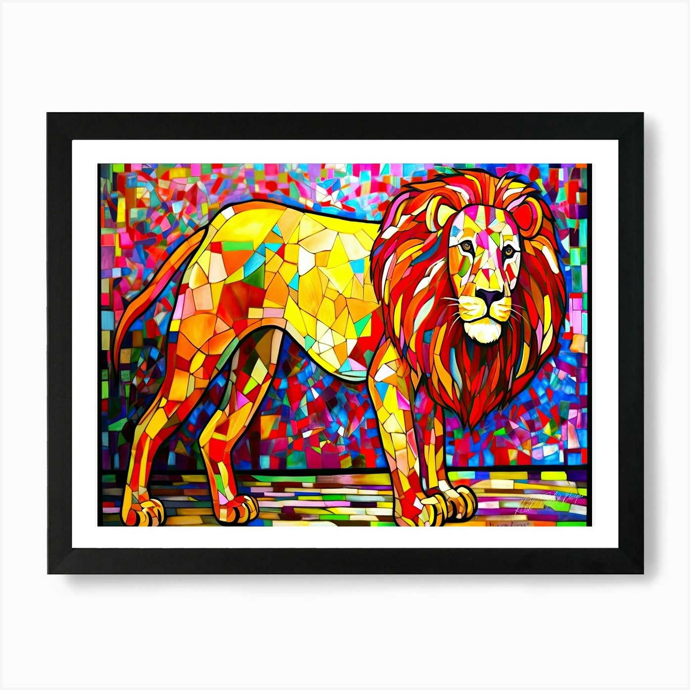 Lion Pose - Stained Glass Lion Art Framed Wall Art Poster Canvas Print Picture