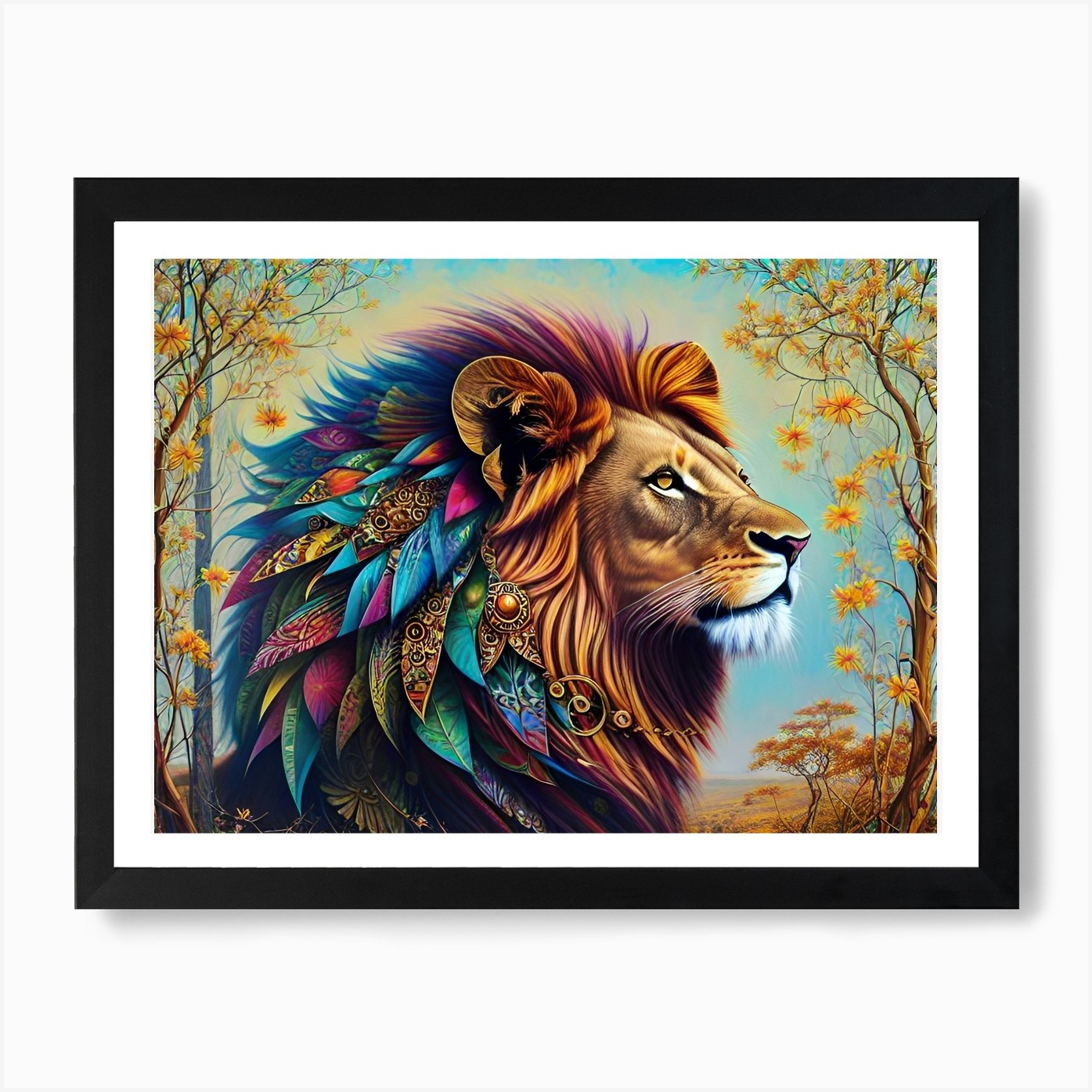 Lion With Feathers Art Print Framed Wall Art Poster Canvas Print Picture