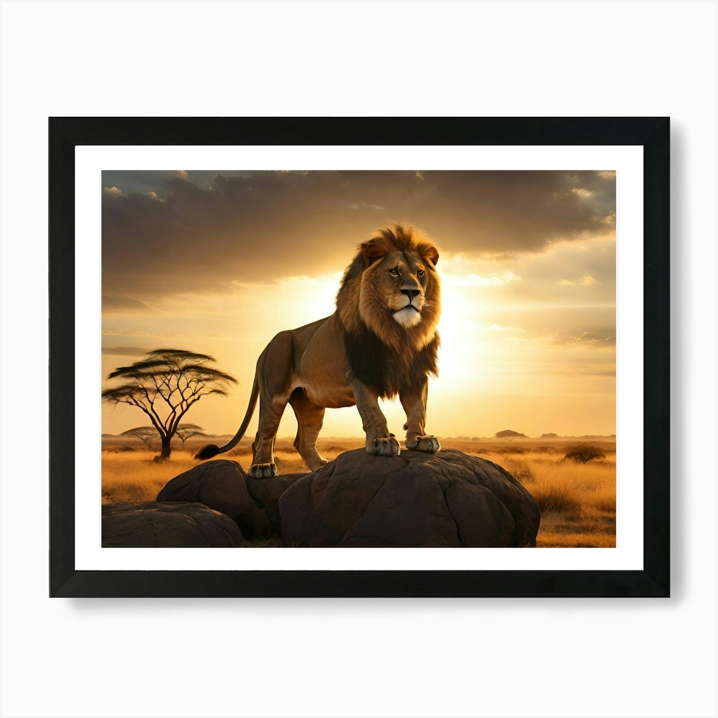 Lion In The Savannah Paintings Art Framed Wall Art Poster Canvas Print Picture