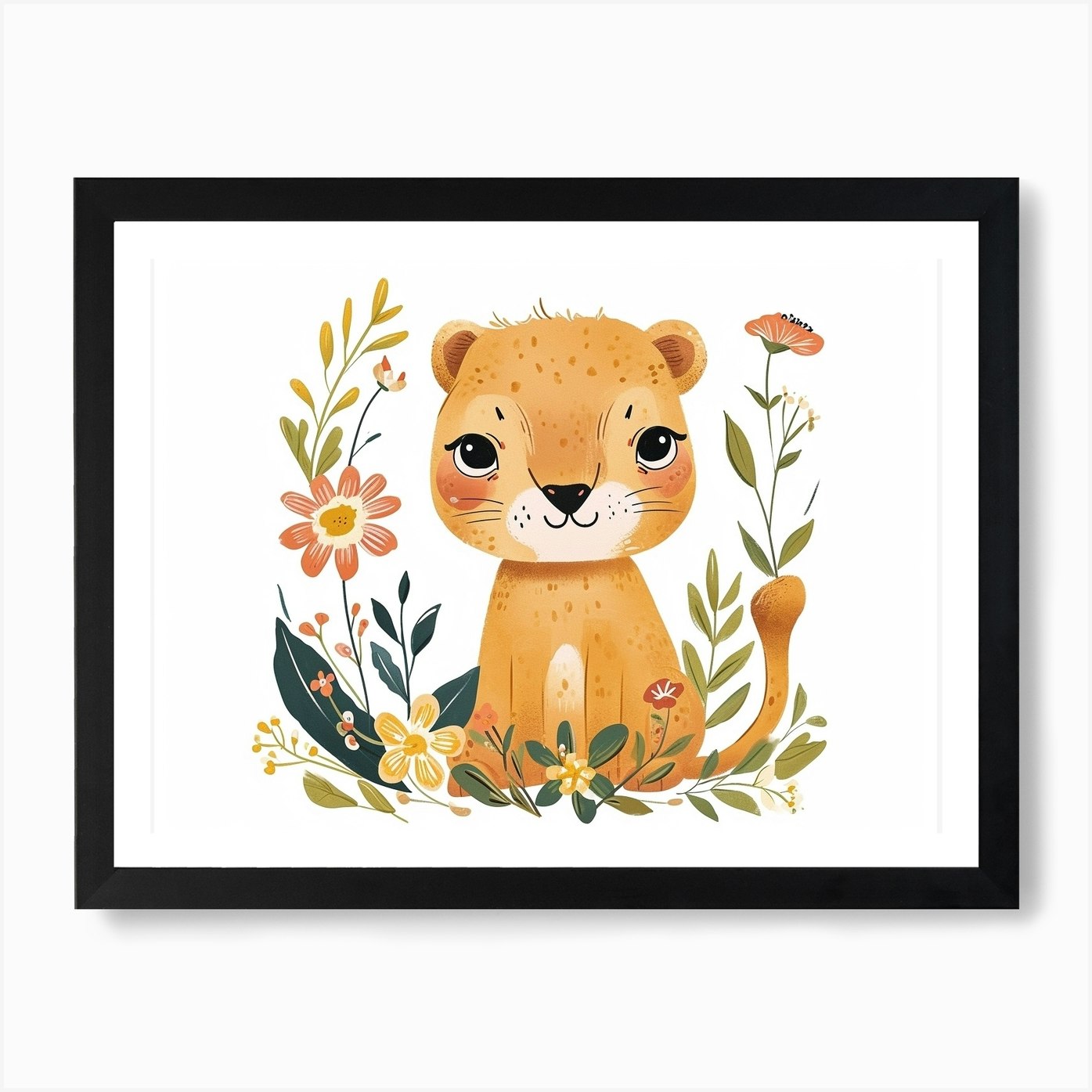 Little Floral Mountain Lion 3 Art P Framed Wall Art Poster Canvas Print Picture