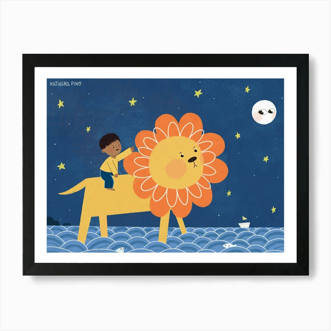 Lion And The Moon Art Print Framed Wall Art Poster Canvas Print Picture