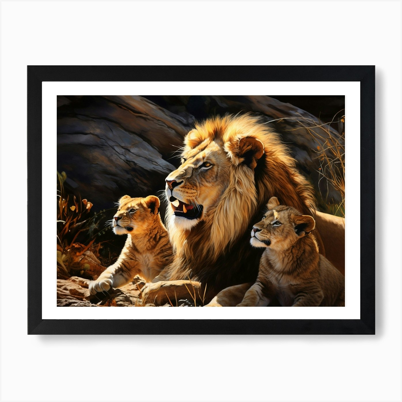 African Lion With Cubs Realism Pain Framed Wall Art Poster Canvas Print Picture