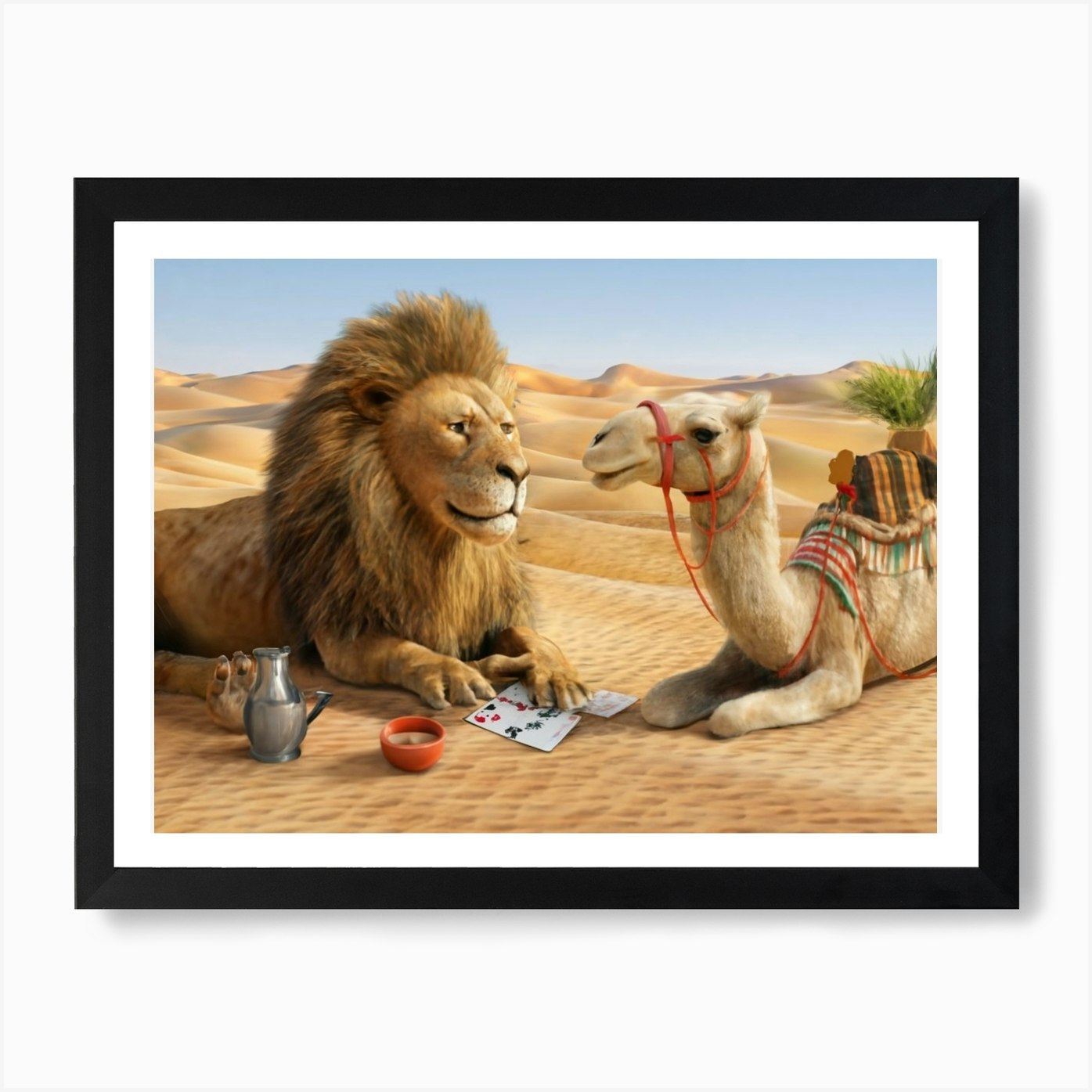 Lion and Camel Desert Card Game Art Framed Wall Art Poster Canvas Print Picture