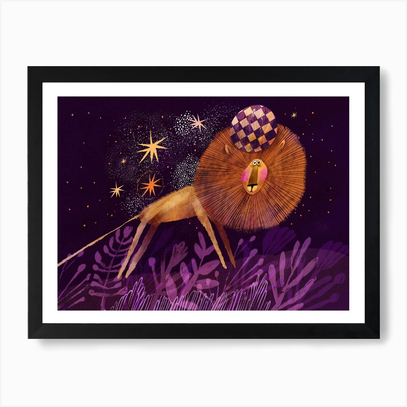 Cute lion in the night forest Art P Framed Wall Art Poster Canvas Print Picture