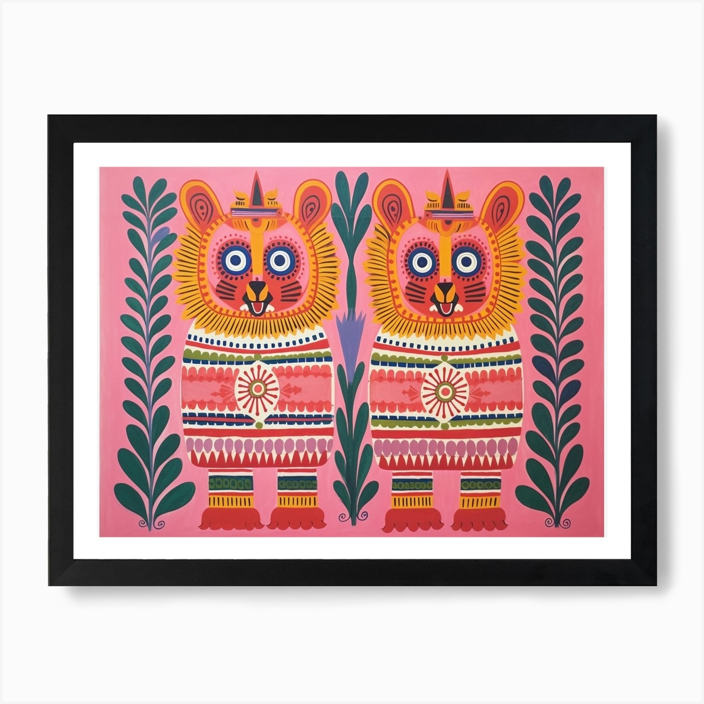 Lion 3 Folk Style Animal Illustrati Framed Wall Art Poster Canvas Print Picture