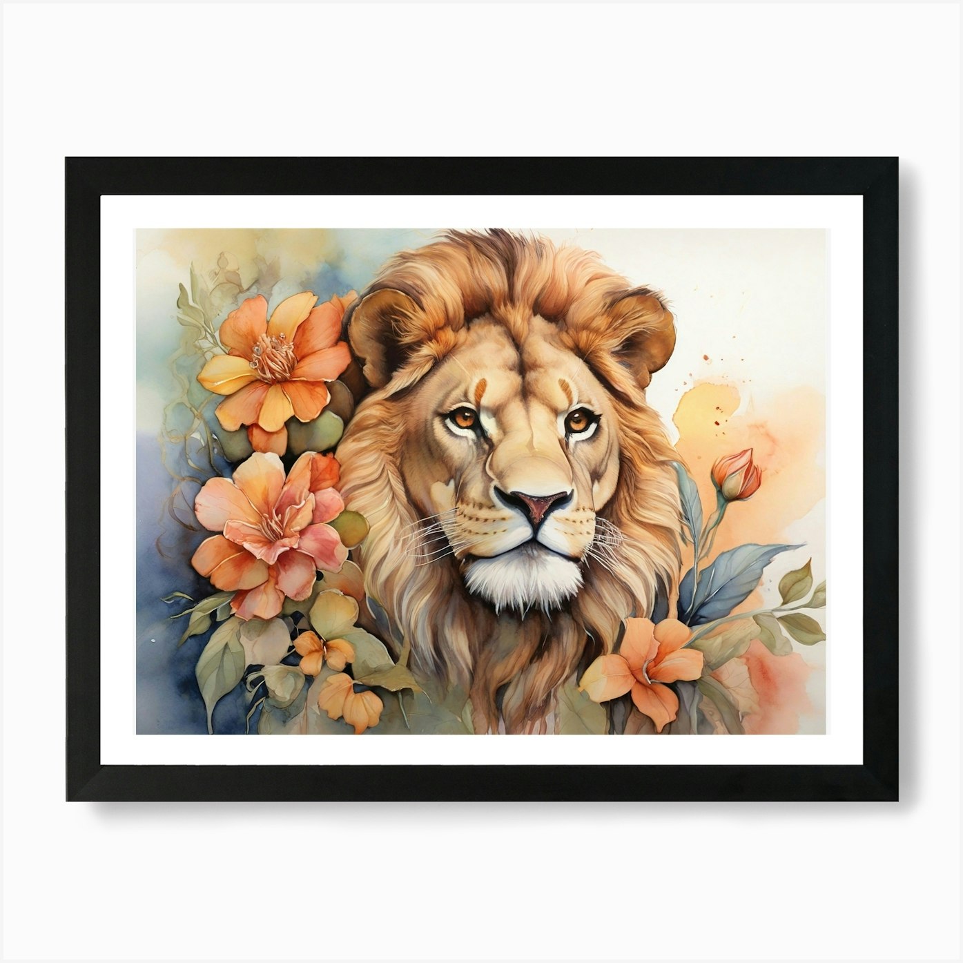 Lion Floral Wild Life Watercolor Ar Framed Wall Art Poster Canvas Print Picture