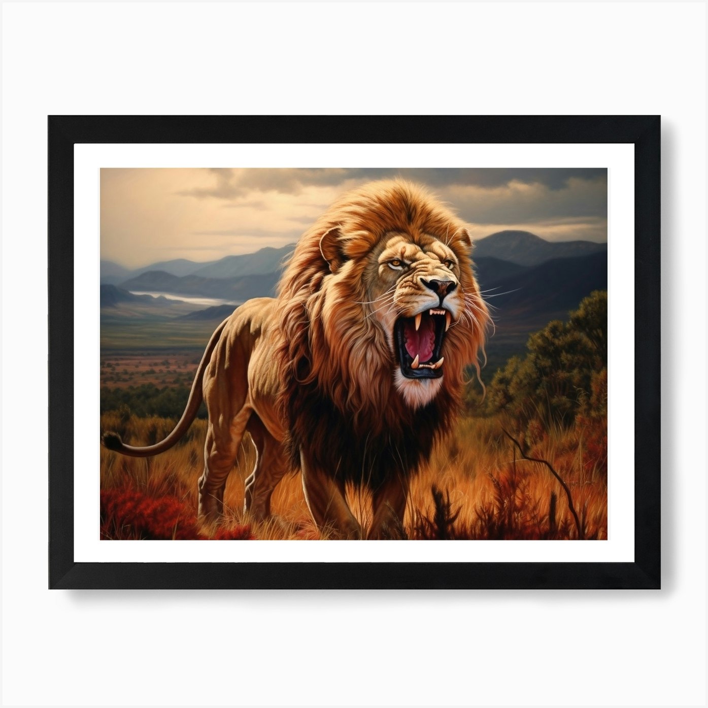 African Lion Roaring Realism Painti Framed Wall Art Poster Canvas Print Picture