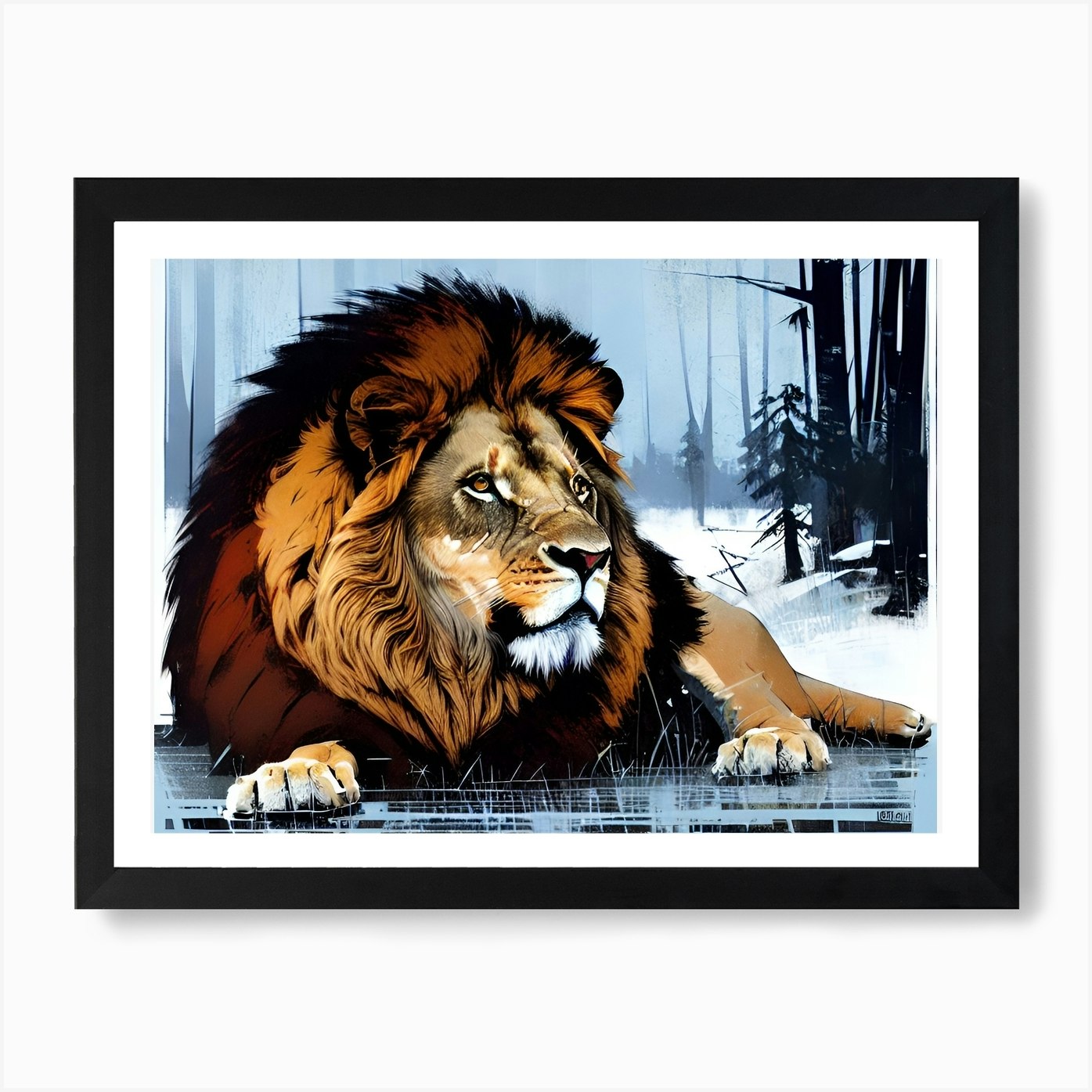 Lion In The Snow 1 Art Print Framed Wall Art Poster Canvas Print Picture