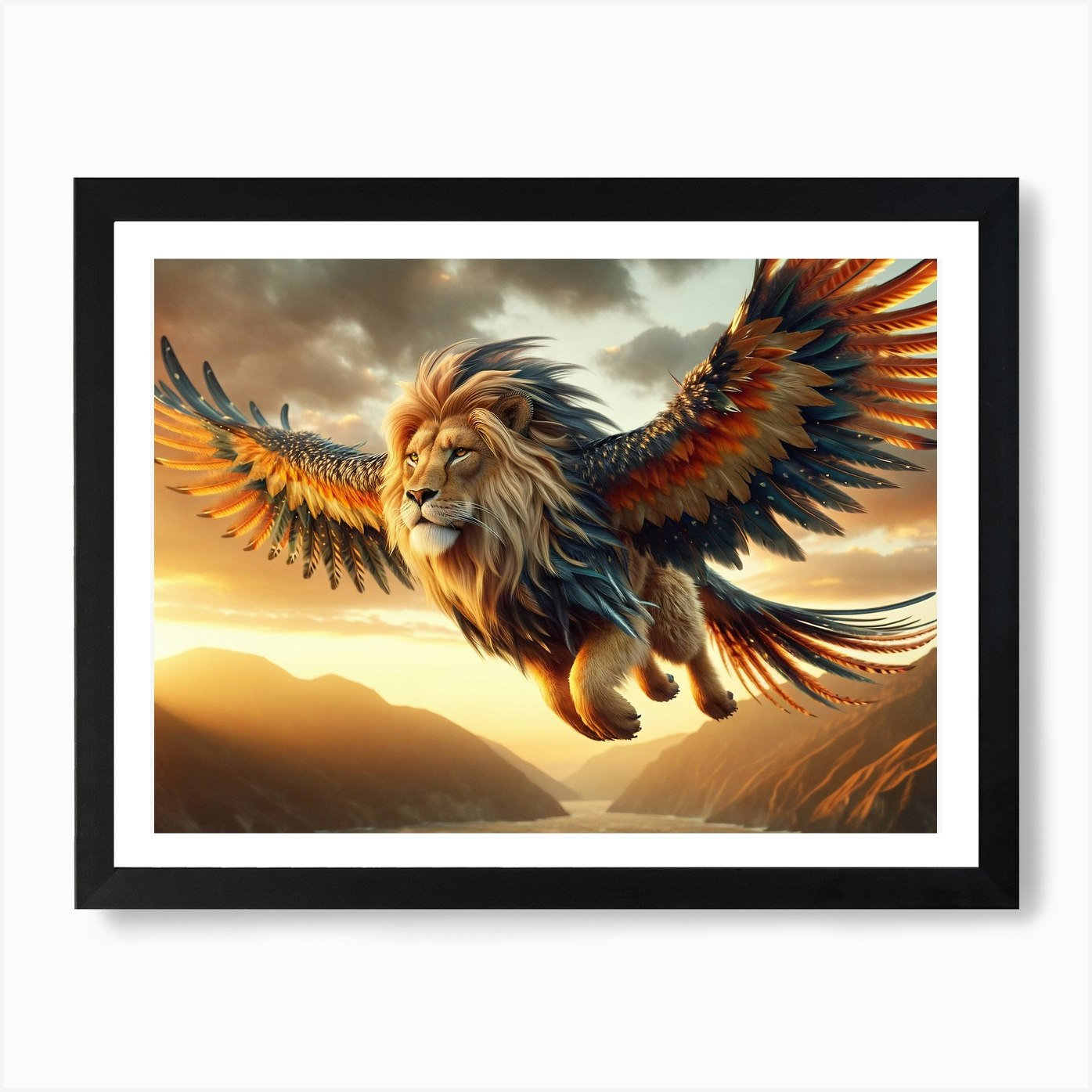 Majestic Lion-Bird Flight Fantasy A Framed Wall Art Poster Canvas Print Picture