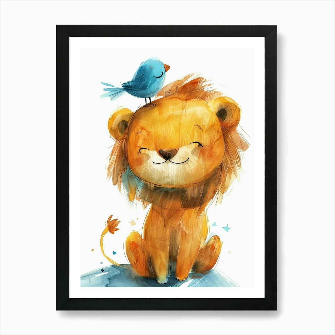 Small Joyful Lion With A Bird On It Framed Wall Art Poster Canvas Print Picture