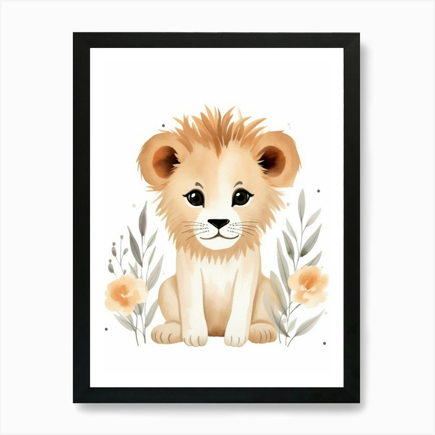 Watercolour Jungle Animal Baby Lion Framed Wall Art Poster Canvas Print Picture