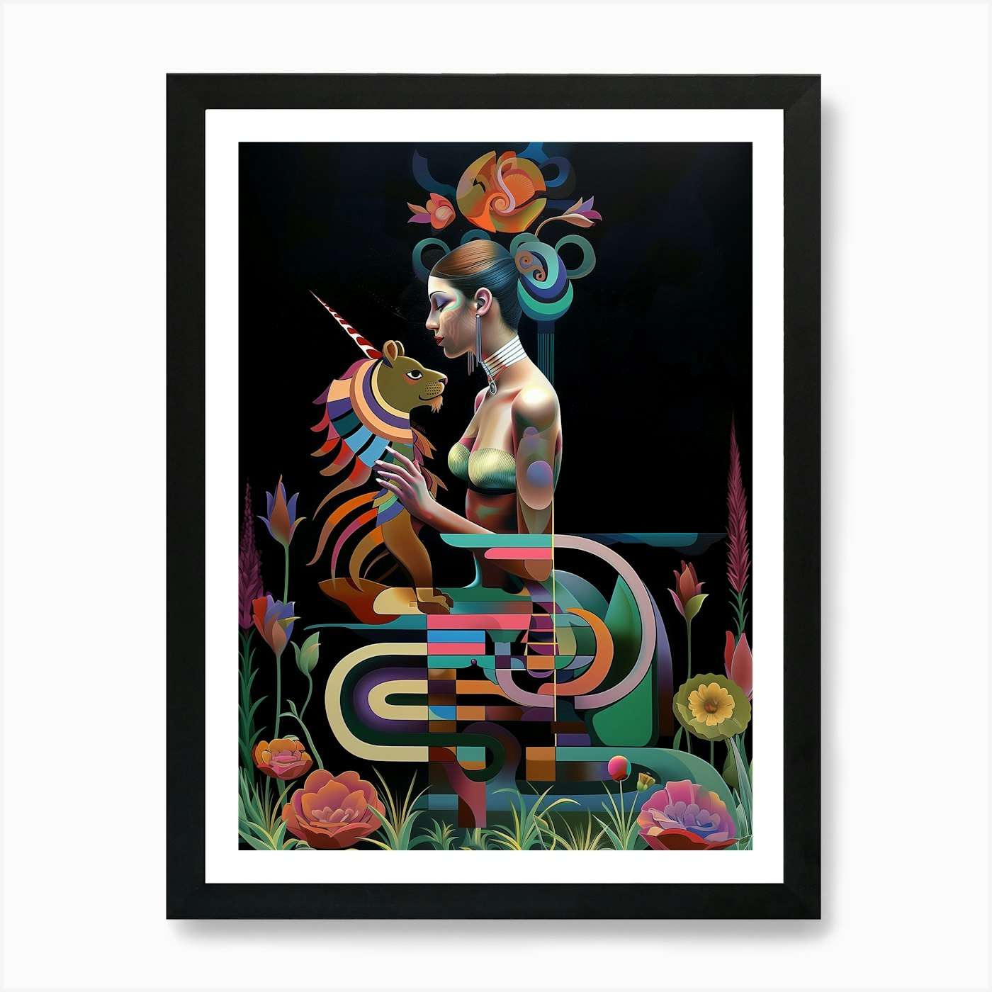 Surreal artwork, lion and woman, "U Framed Wall Art Poster Canvas Print Picture