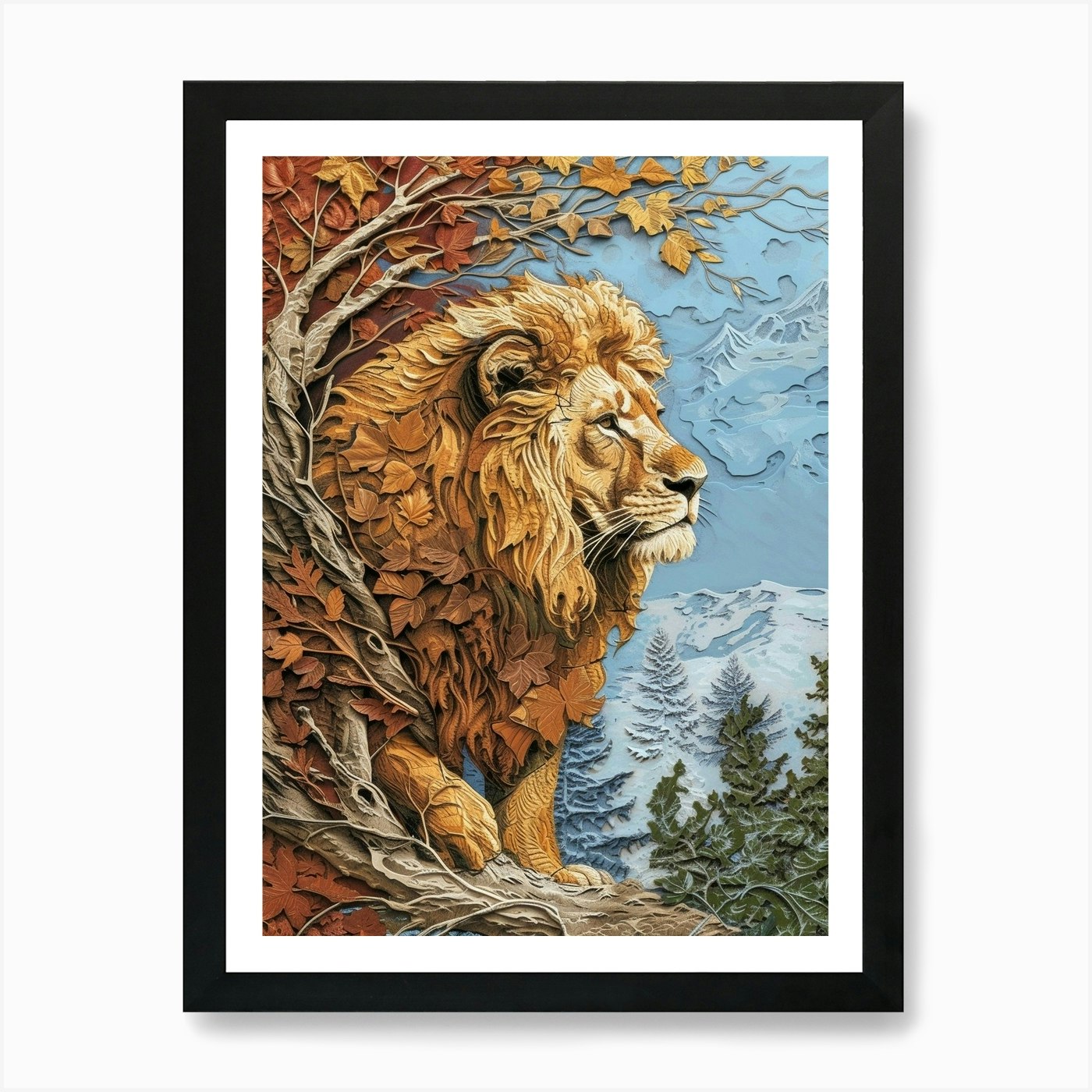 African Lion Relief Illustration Se Framed Wall Art Poster Canvas Print Picture