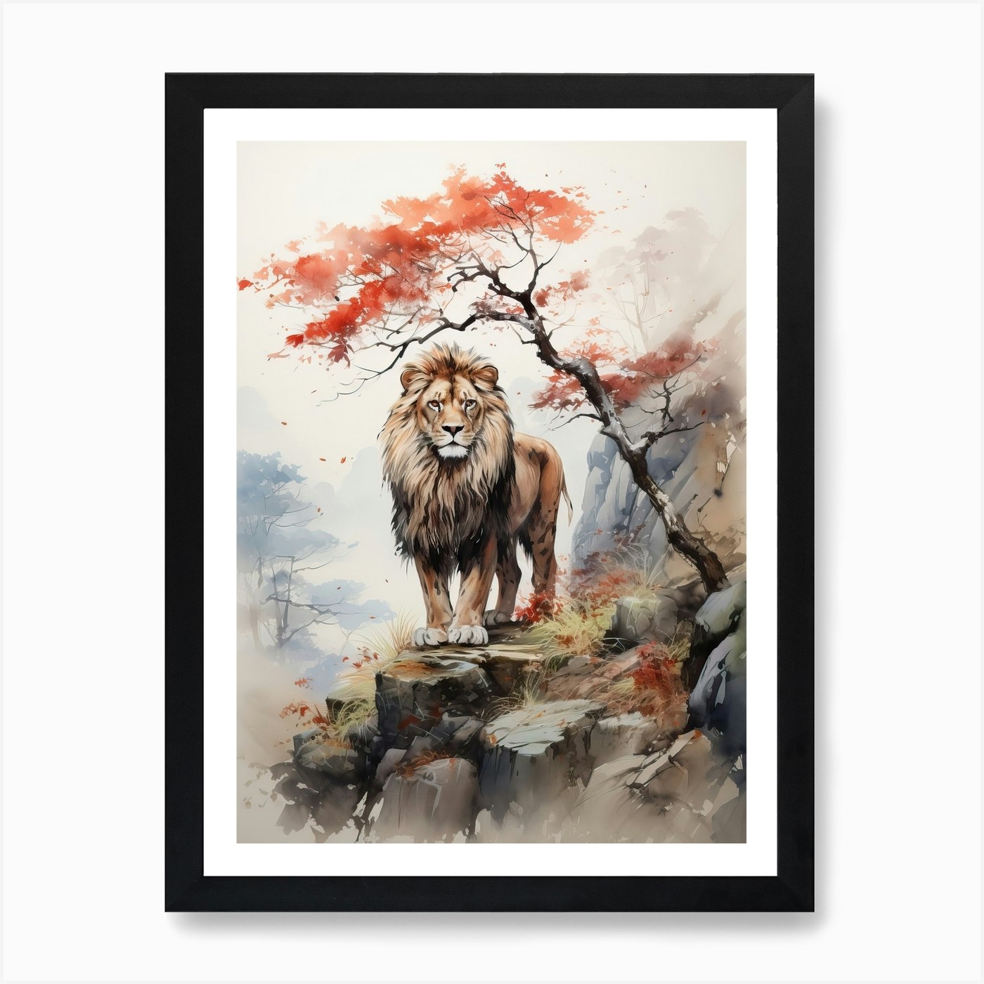 Lion, Japanese Brush Painting, Ukiy Framed Wall Art Poster Canvas Print Picture