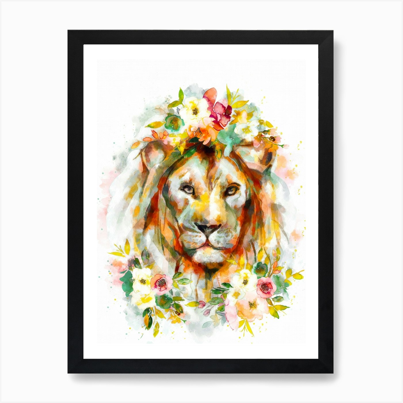 Lion Floral Watercolor Art Print Framed Wall Art Poster Canvas Print Picture