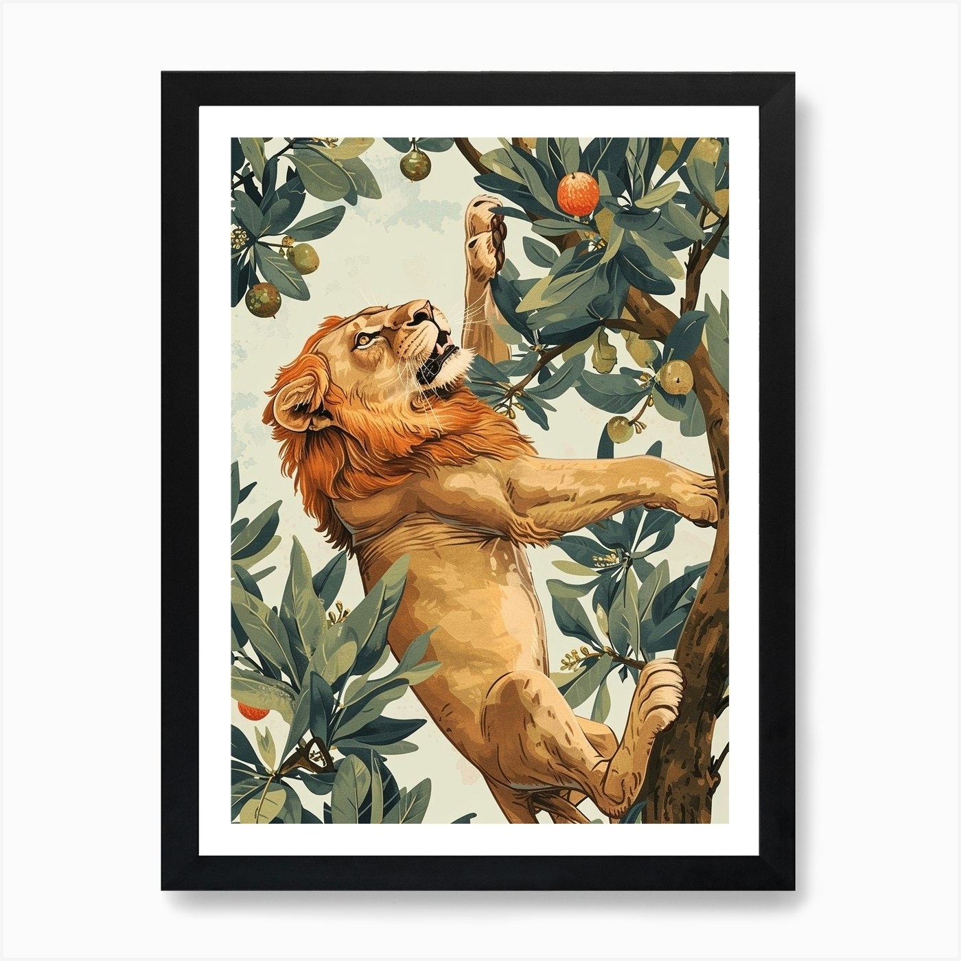Barbary Lion Climbing A Tree Illust Framed Wall Art Poster Canvas Print Picture