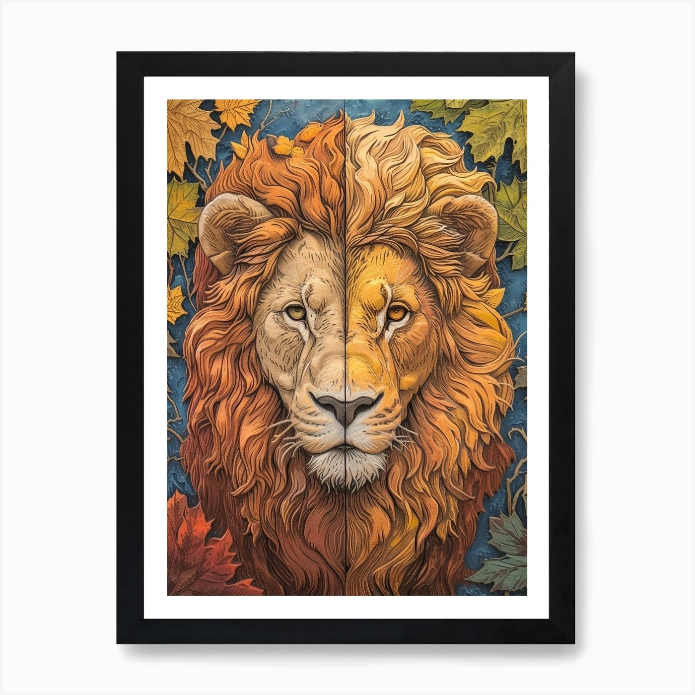 African Lion Relief Illustration Se Framed Wall Art Poster Canvas Print Picture