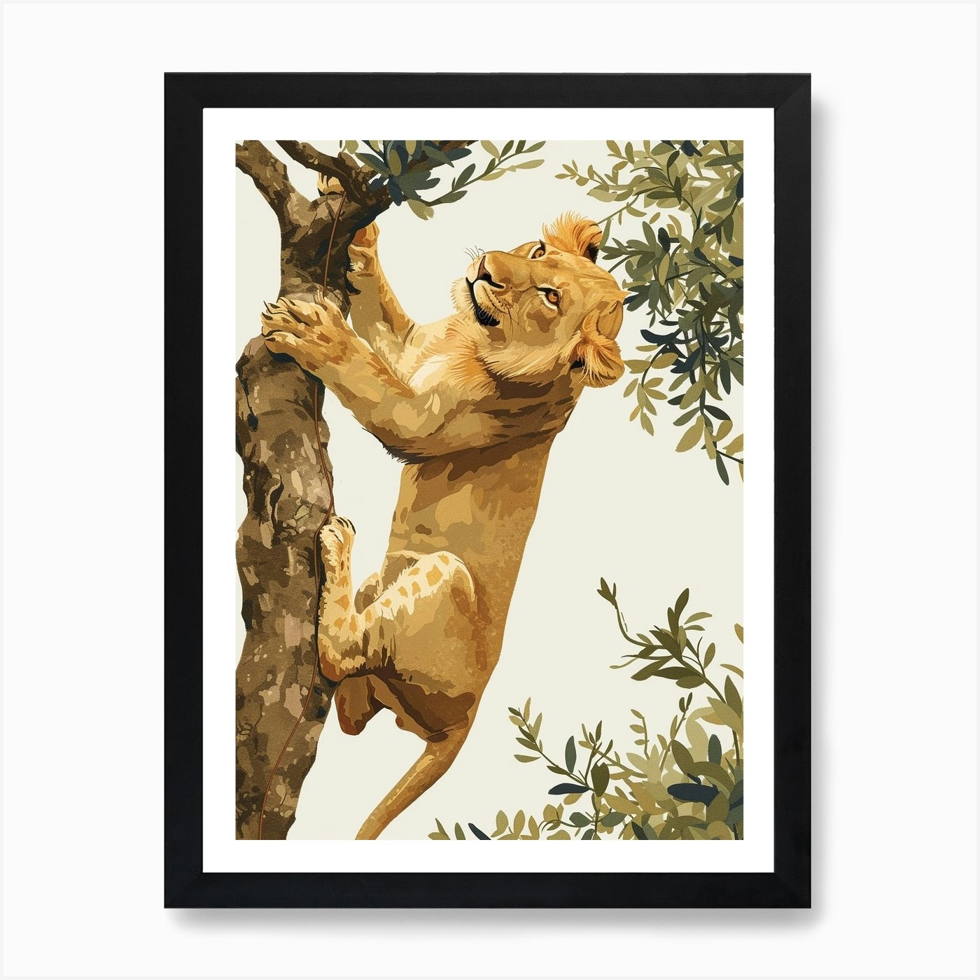 Barbary Lion Climbing A Tree Illust Framed Wall Art Poster Canvas Print Picture