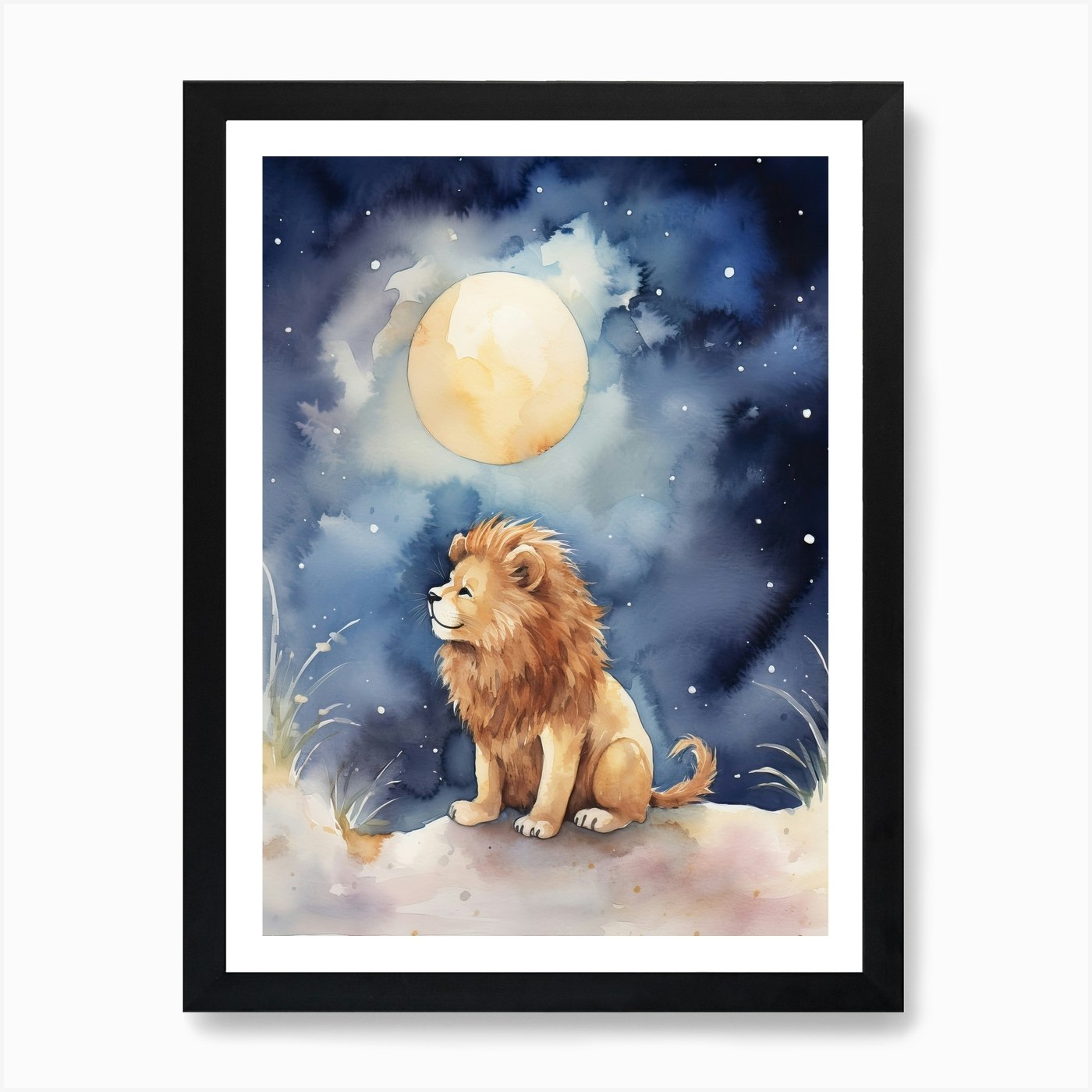 Stargazing Watercolour Lion Art Pai Framed Wall Art Poster Canvas Print Picture