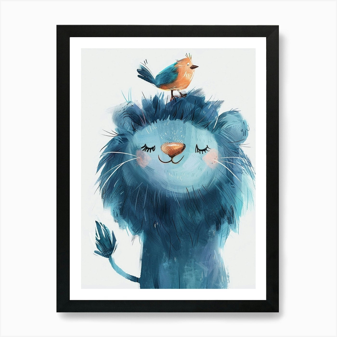 Small Joyful Lion With A Bird On It Framed Wall Art Poster Canvas Print Picture