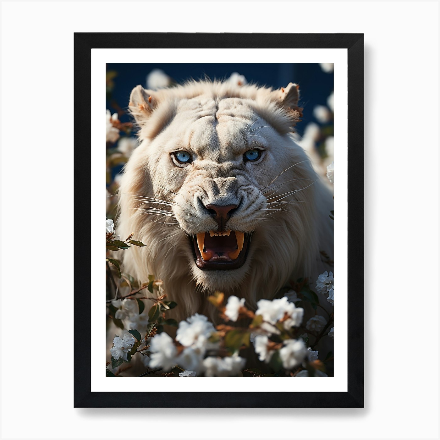 Floral white lion roar Art Print Framed Wall Art Poster Canvas Print Picture