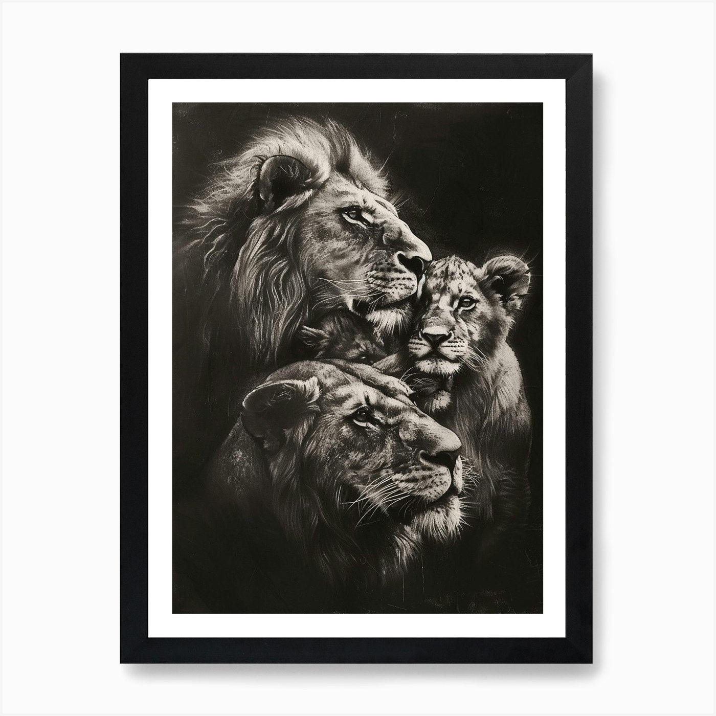 African Lion Charcoal Drawing Famil Framed Wall Art Poster Canvas Print Picture