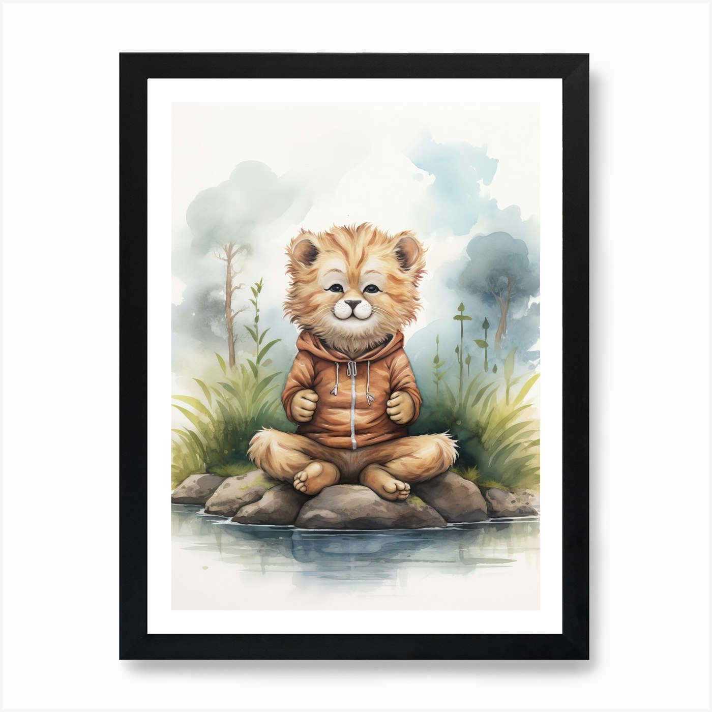 Meditating Watercolour Lion Art Pai Framed Wall Art Poster Canvas Print Picture