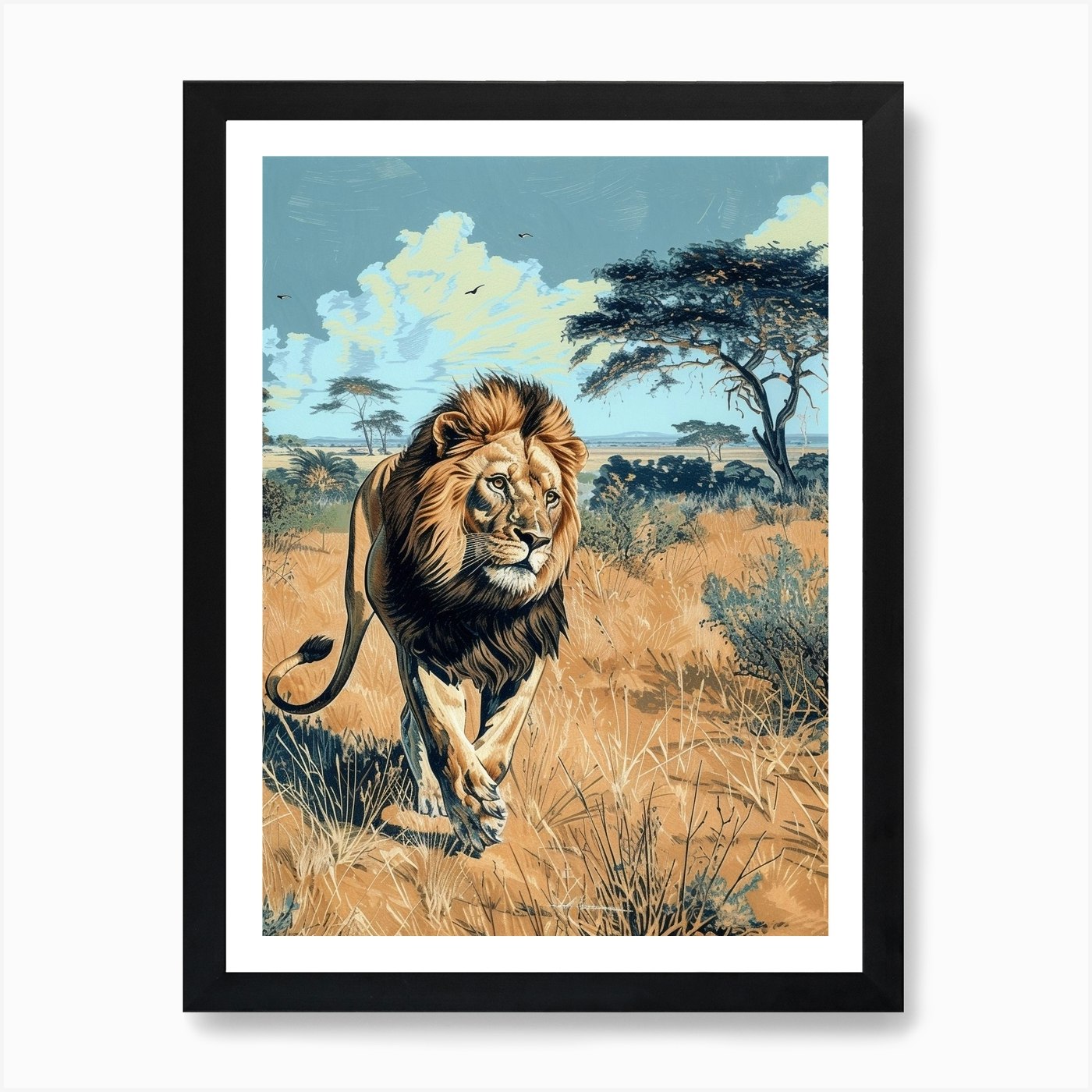 African Lion Relief Illustration Hu Framed Wall Art Poster Canvas Print Picture