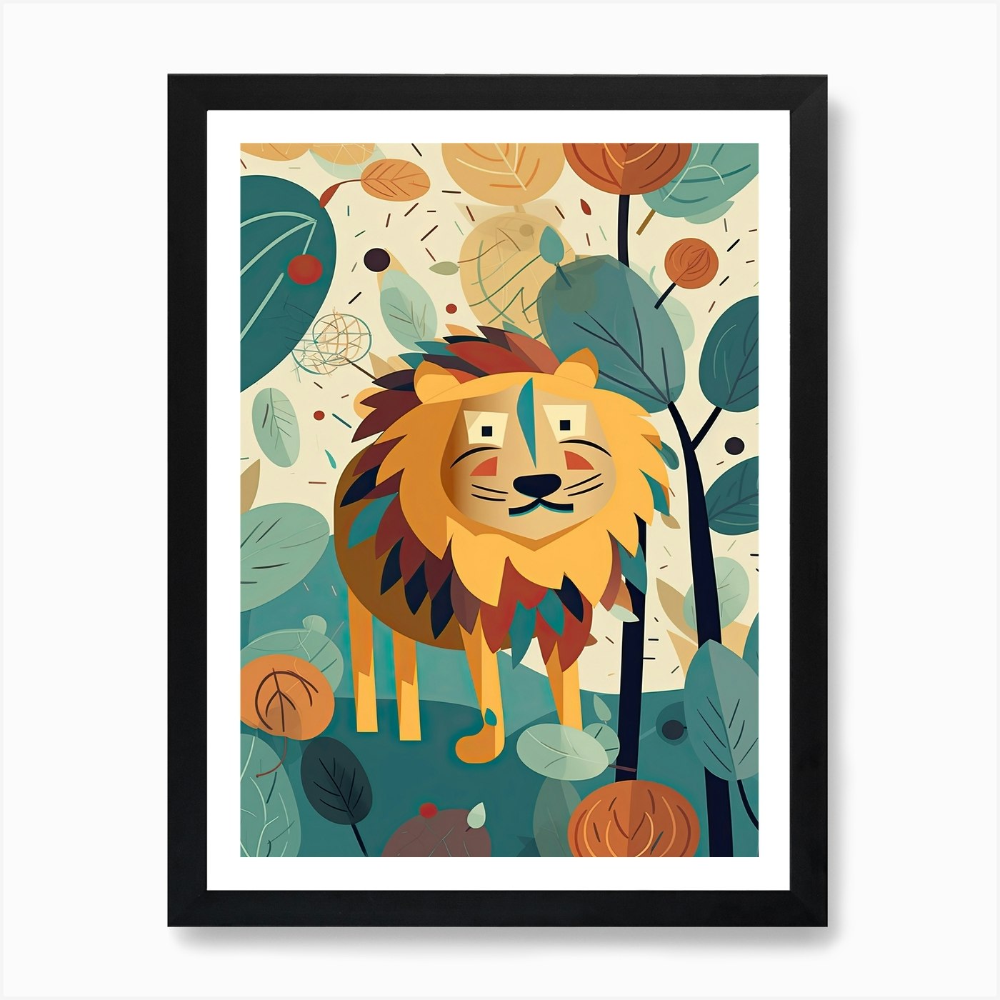 Lion Jungle Cartoon Illustration 2 Framed Wall Art Poster Canvas Print Picture