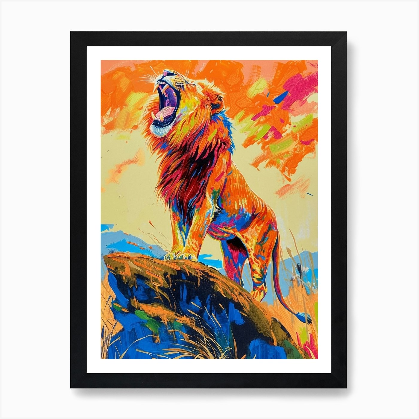 Masai Lion Roaring On A Cliff Fauvi Framed Wall Art Poster Canvas Print Picture