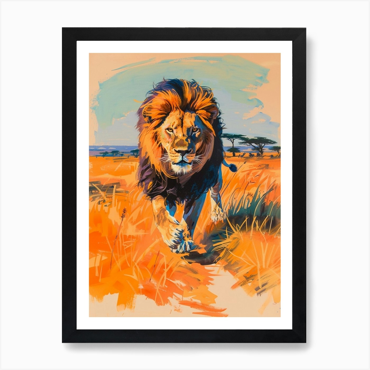 Masai Lion Hunting In The Savannah Framed Wall Art Poster Canvas Print Picture