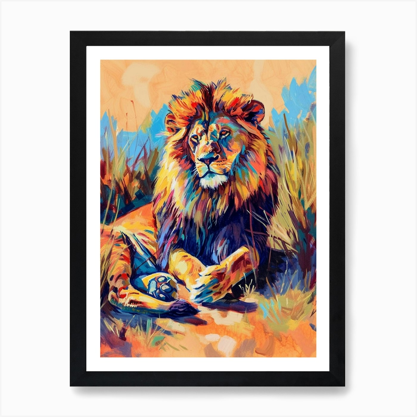 Masai Lion Resting In The Sun Fauvi Framed Wall Art Poster Canvas Print Picture