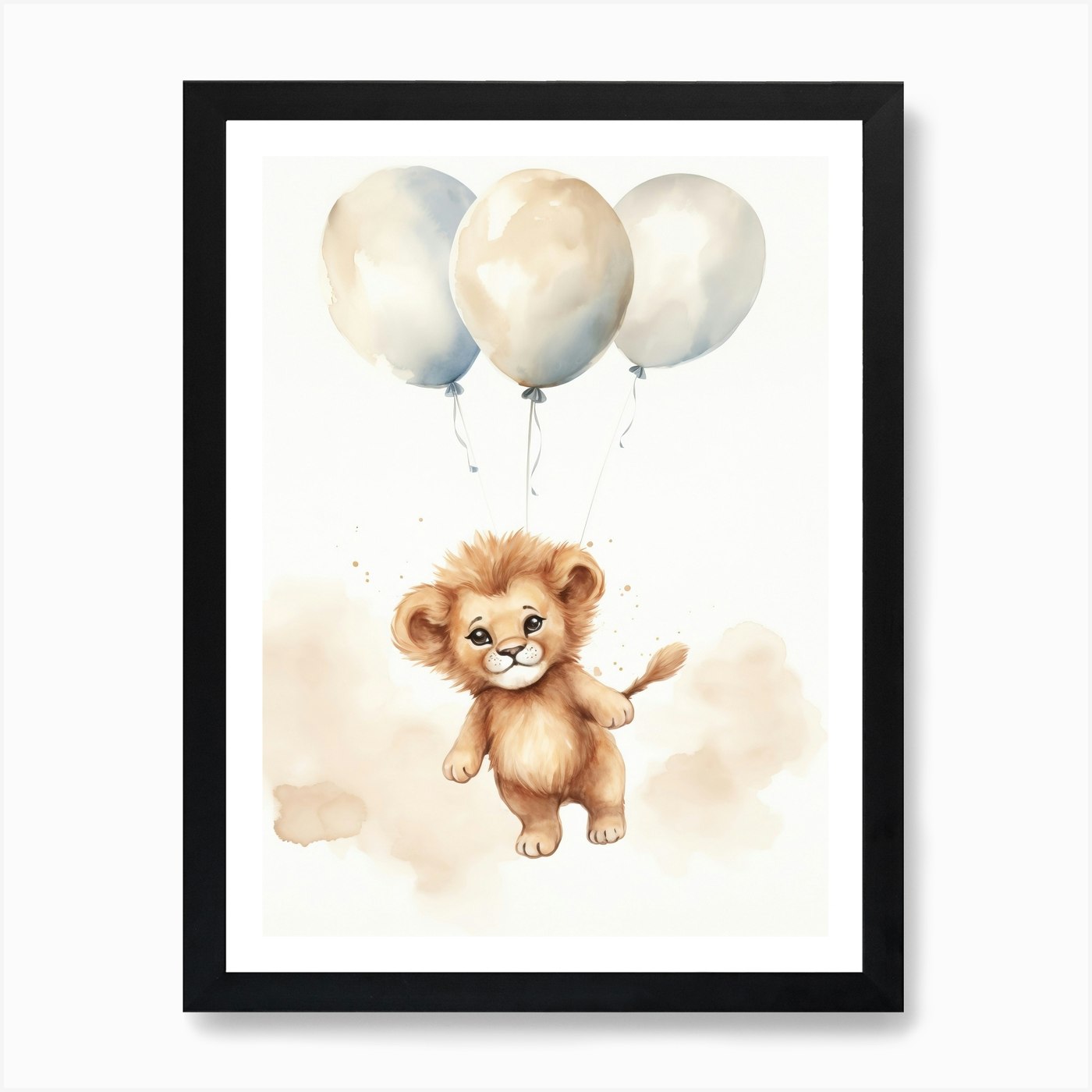 Baby Lion Flying With Ballons, Wate Framed Wall Art Poster Canvas Print Picture