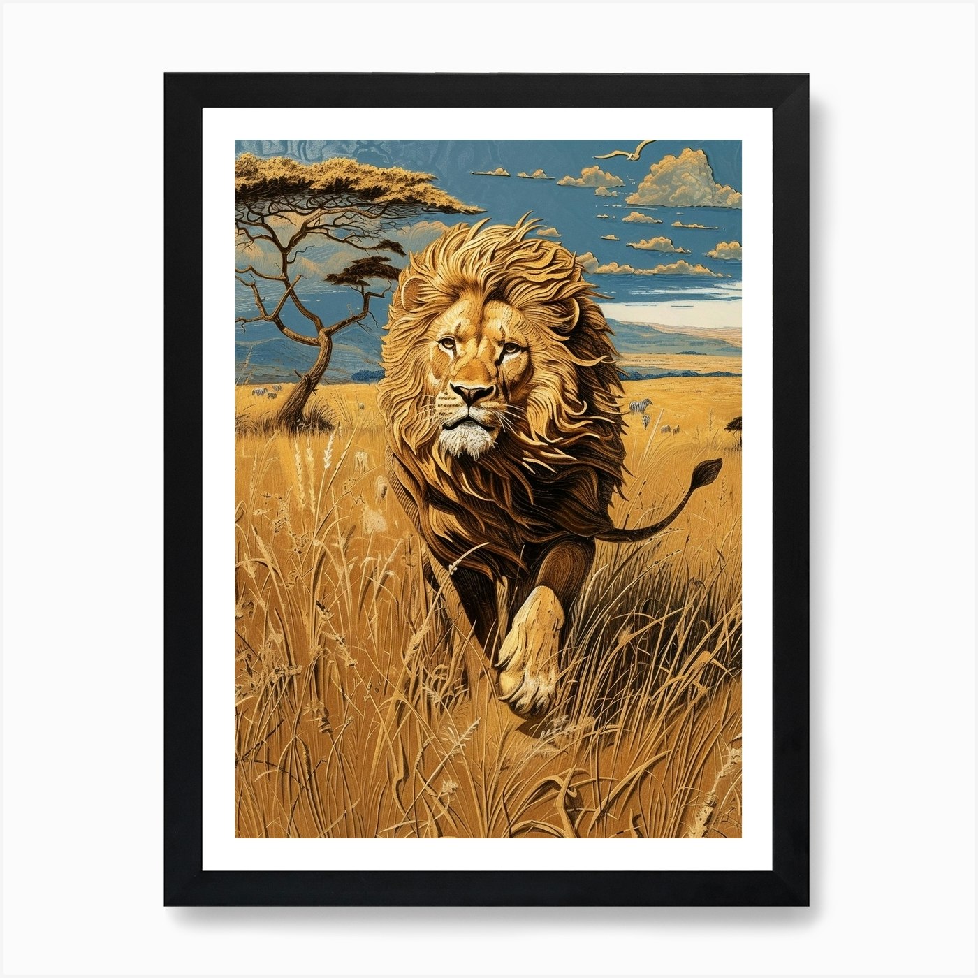 African Lion Relief Illustration Hu Framed Wall Art Poster Canvas Print Picture