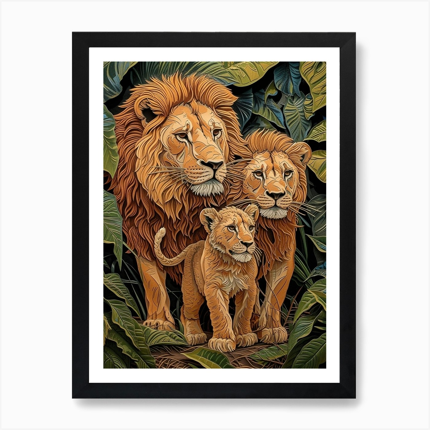 African Lion Relief Illustration Fa Framed Wall Art Poster Canvas Print Picture