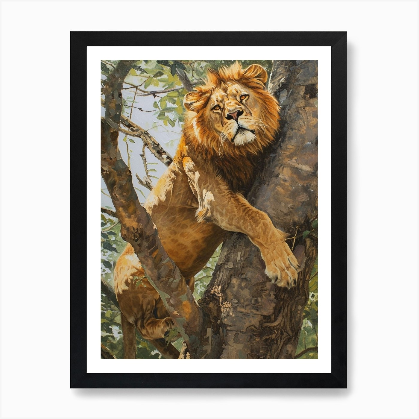 African Lion Climbing A Tree Acryli Framed Wall Art Poster Canvas Print Picture