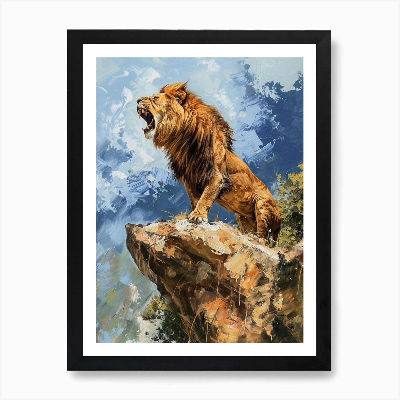 Barbary Lion Roaring On A Cliff Acr Framed Wall Art Poster Canvas Print Picture
