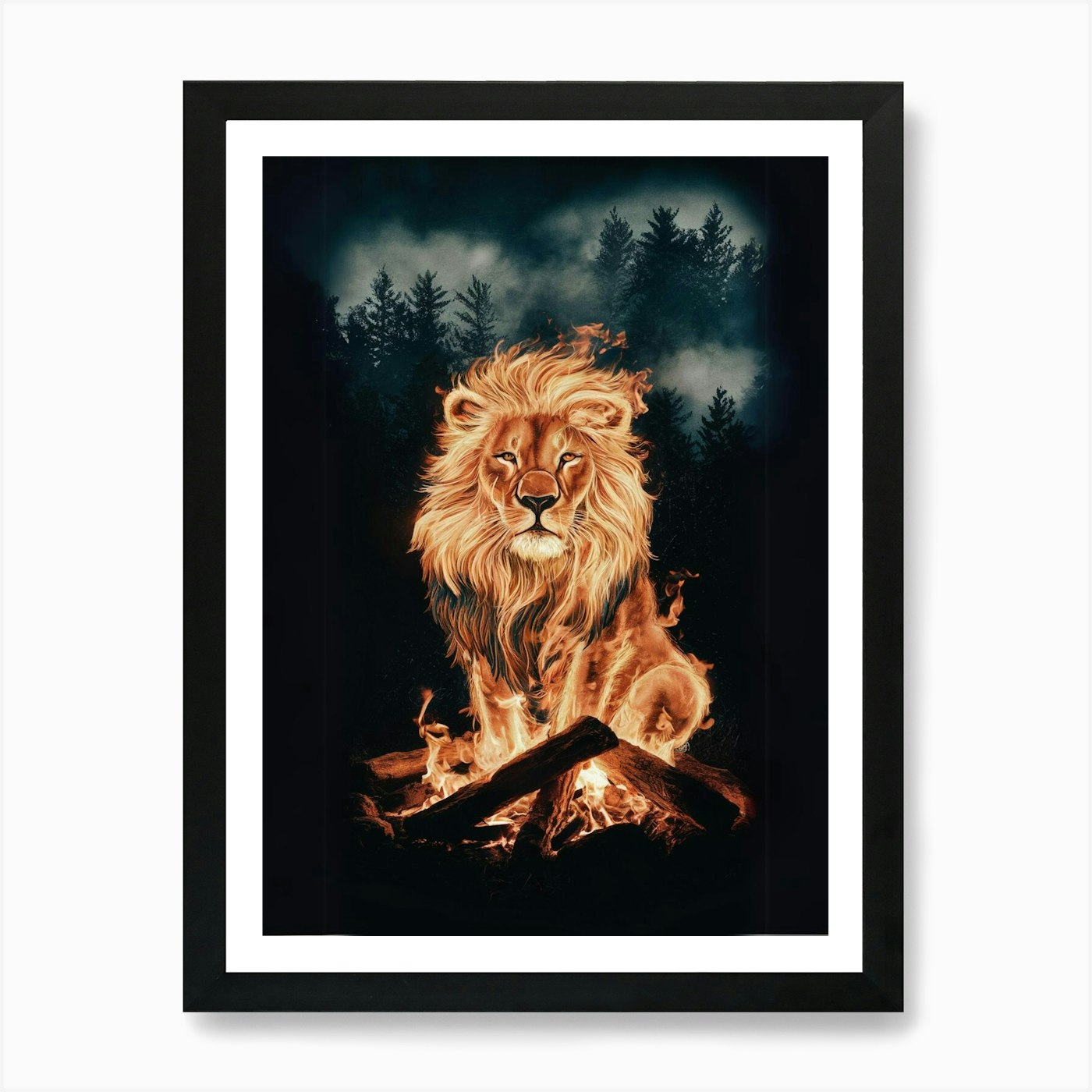 Lion On Fire Art Print Framed Wall Art Poster Canvas Print Picture