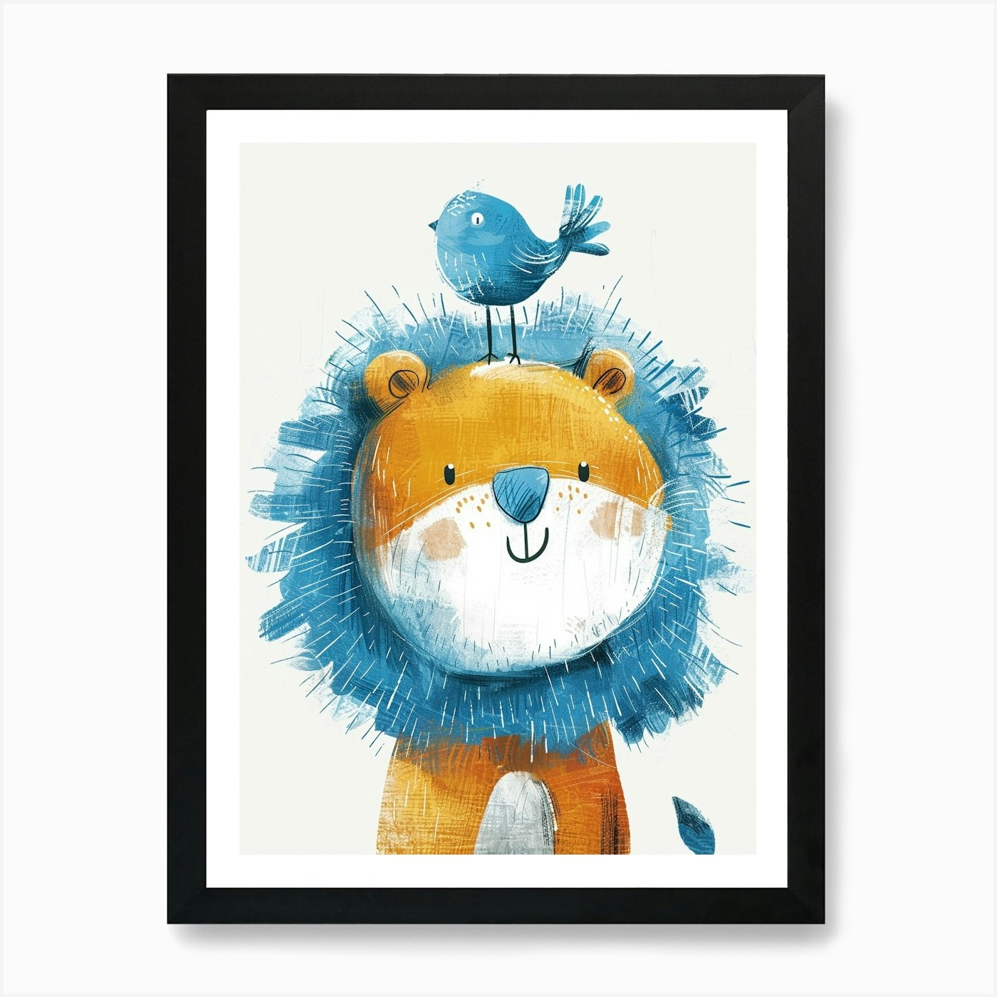 Small Joyful Lion With A Bird On It Framed Wall Art Poster Canvas Print Picture
