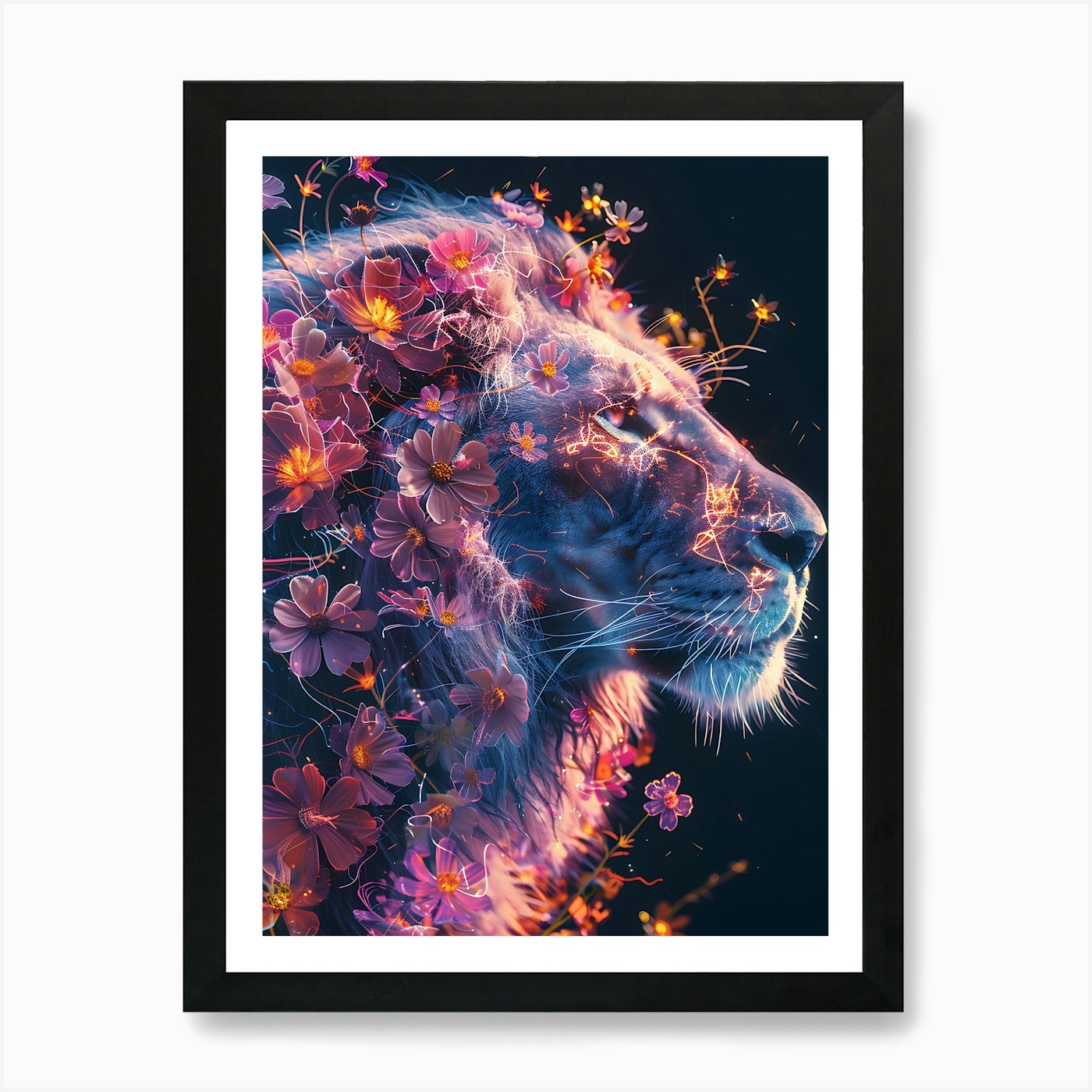 Lion With Flowers 9 Art Print Framed Wall Art Poster Canvas Print Picture
