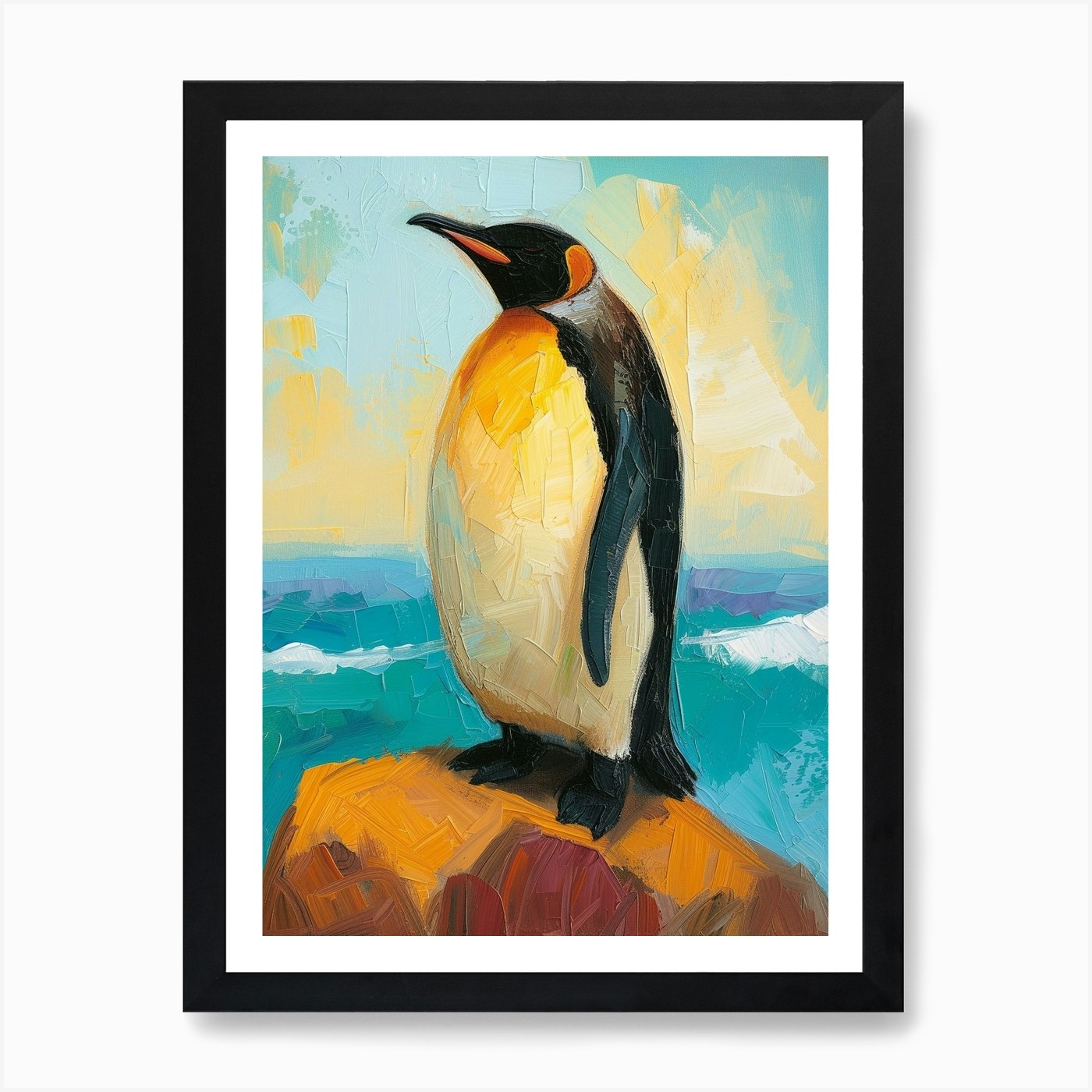 King Penguin Sea Lion Island Colour Framed Wall Art Poster Canvas Print Picture