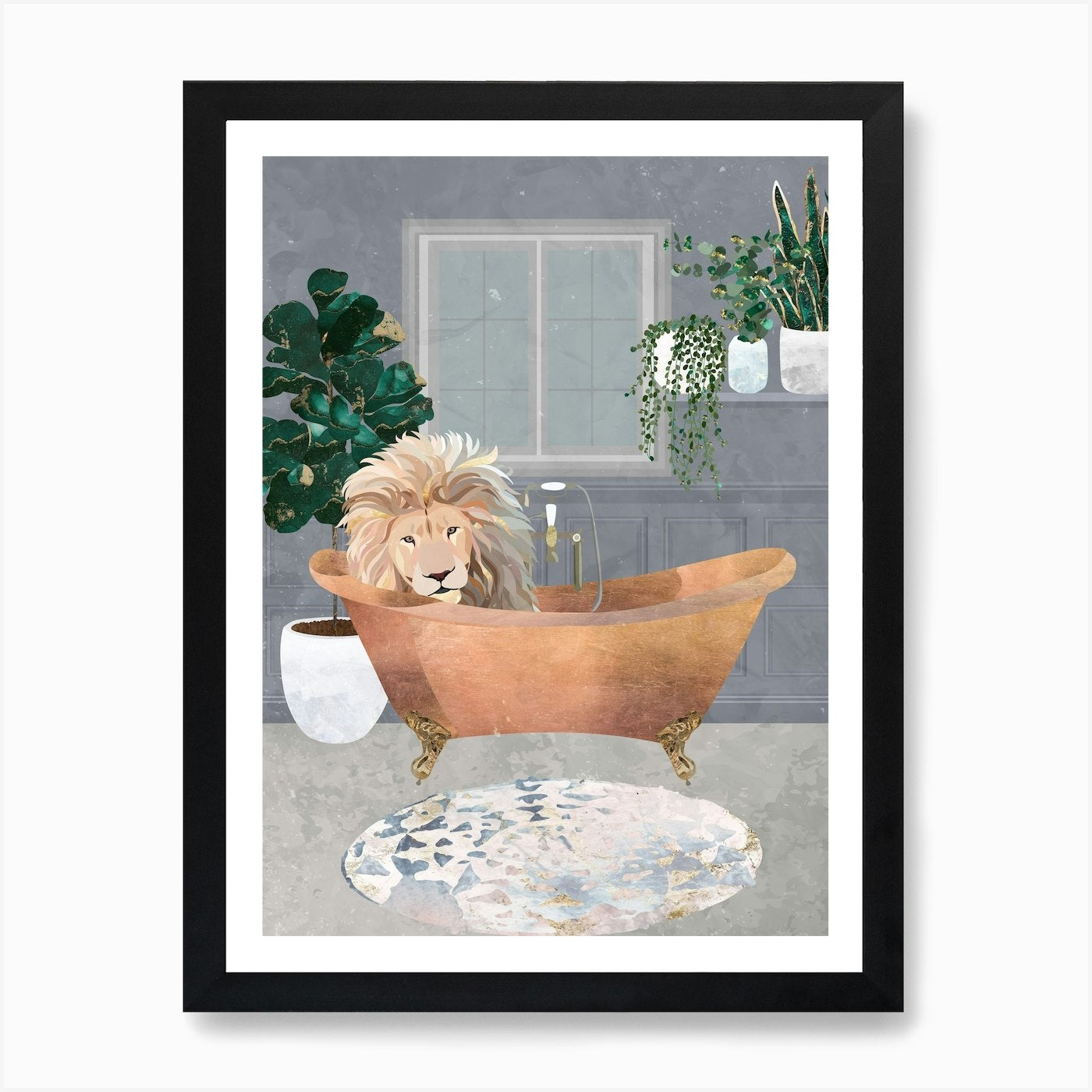 Lion In The Bath Art Print Framed Wall Art Poster Canvas Print Picture