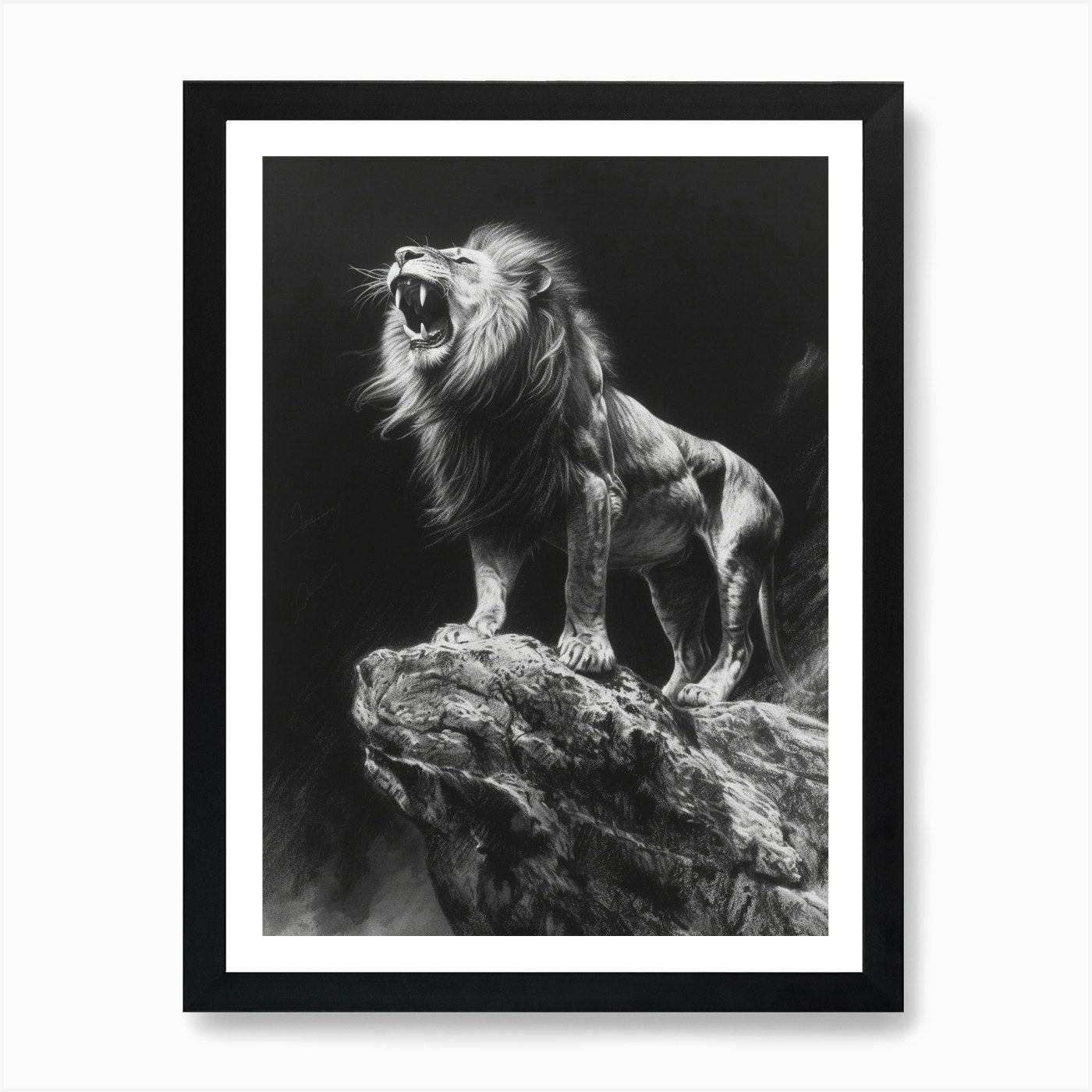 Barbary Lion Charcoal Drawing Roari Framed Wall Art Poster Canvas Print Picture