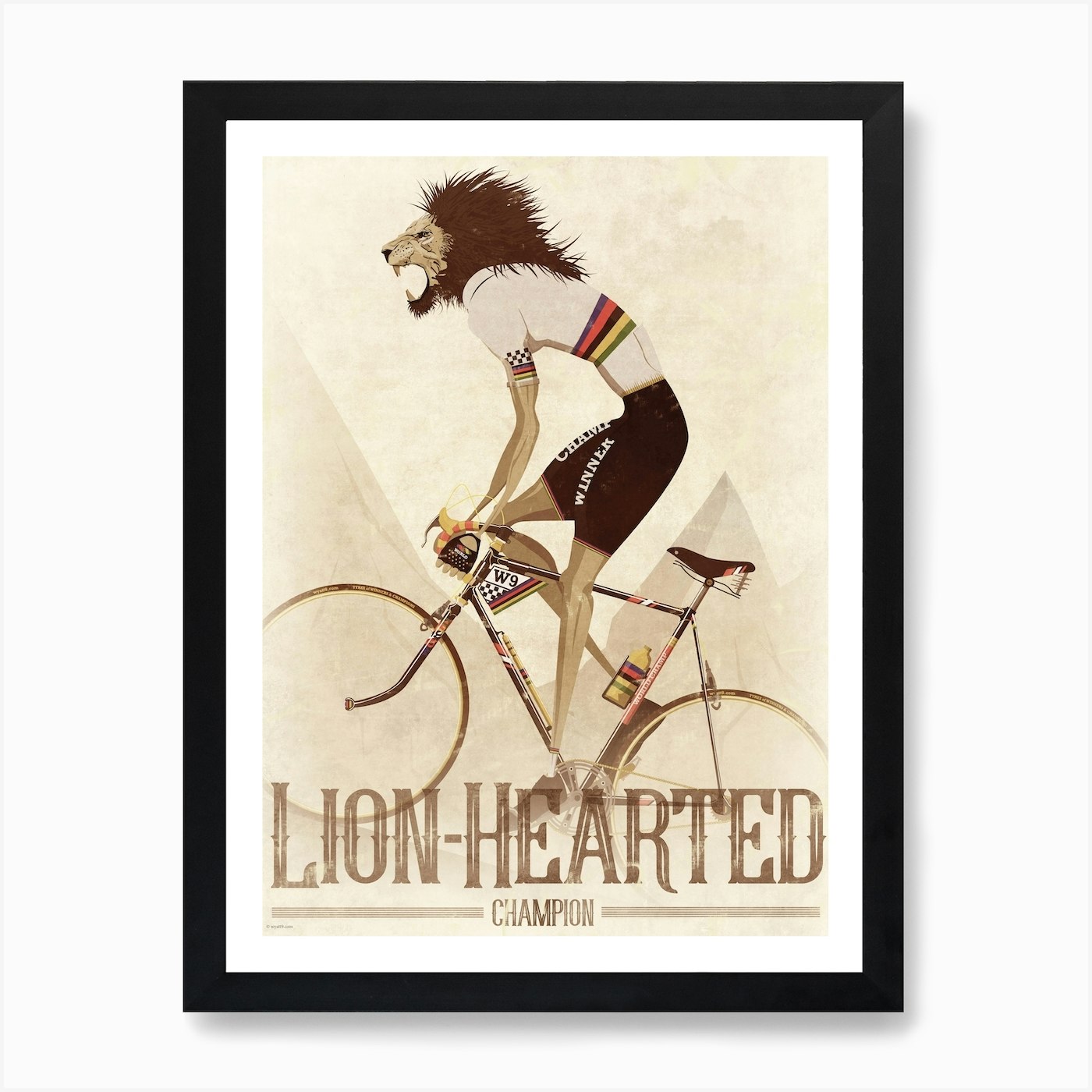 Lion Hearted Vintage Style Cyclist Framed Wall Art Poster Canvas Print Picture
