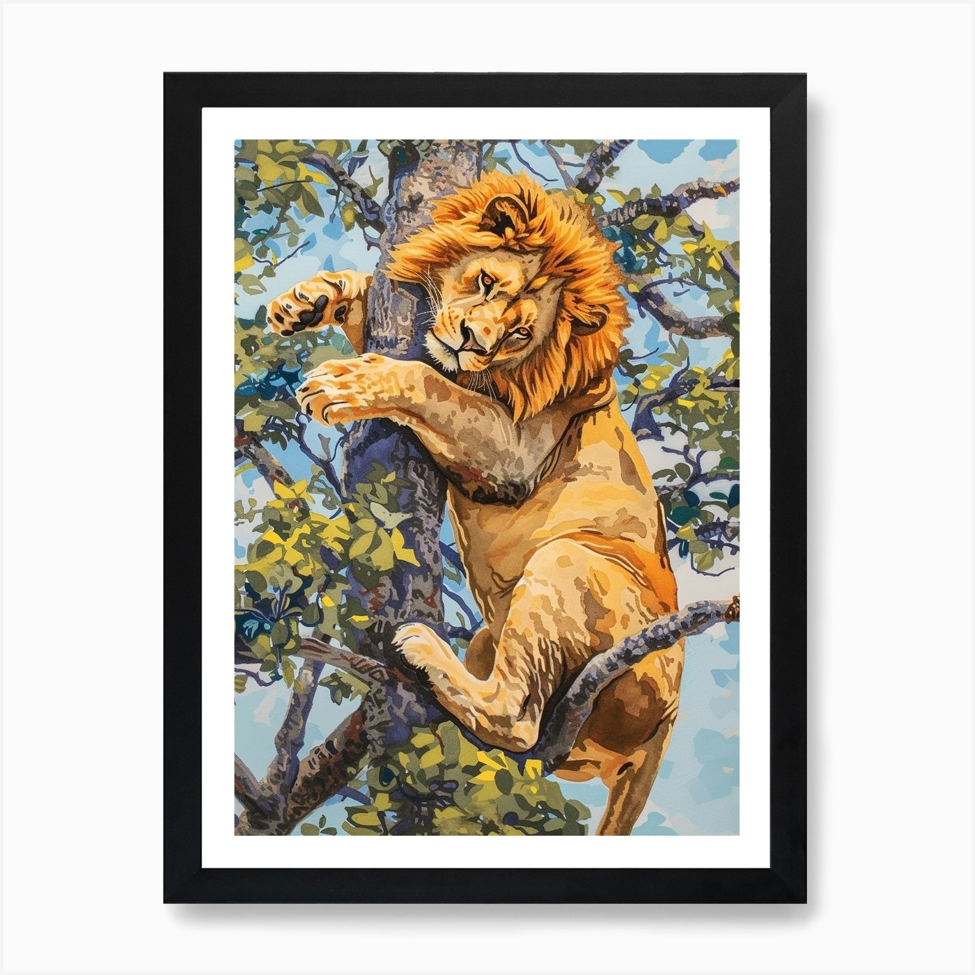 Southwest African Lion Climbing A T Framed Wall Art Poster Canvas Print Picture