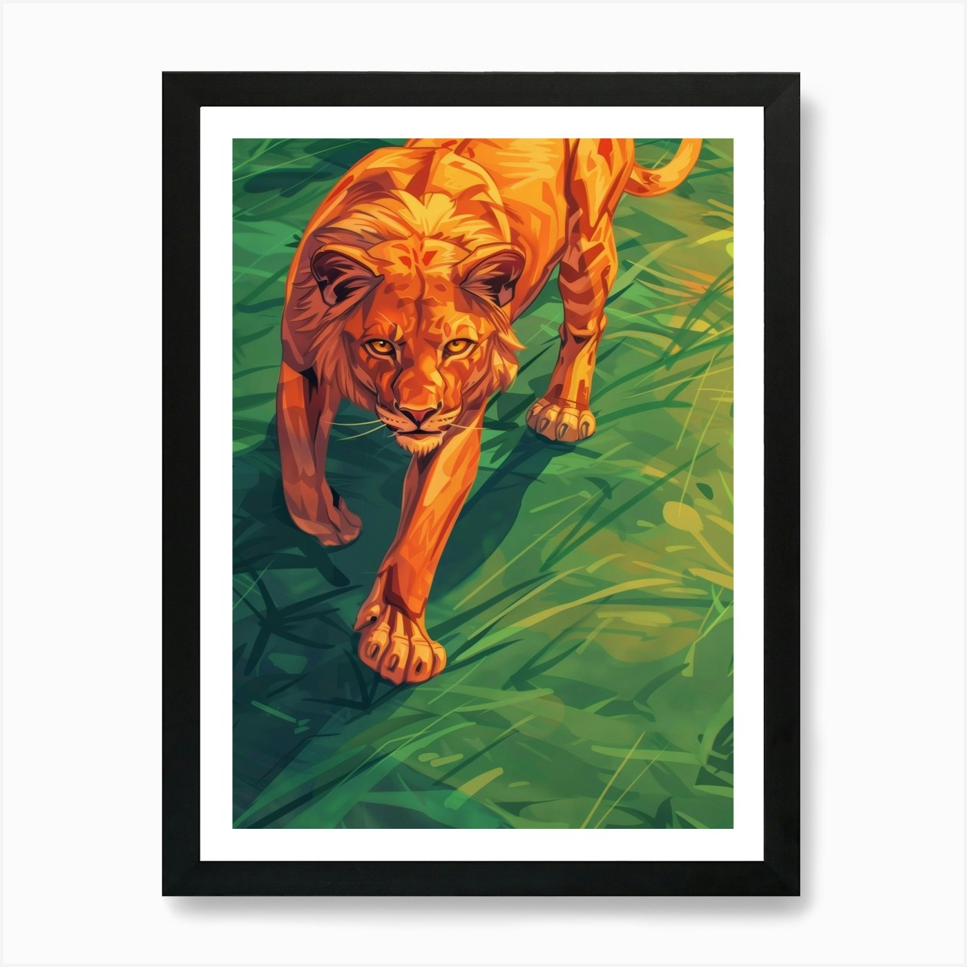 Lion Walking In The Grass Art Print Framed Wall Art Poster Canvas Print Picture