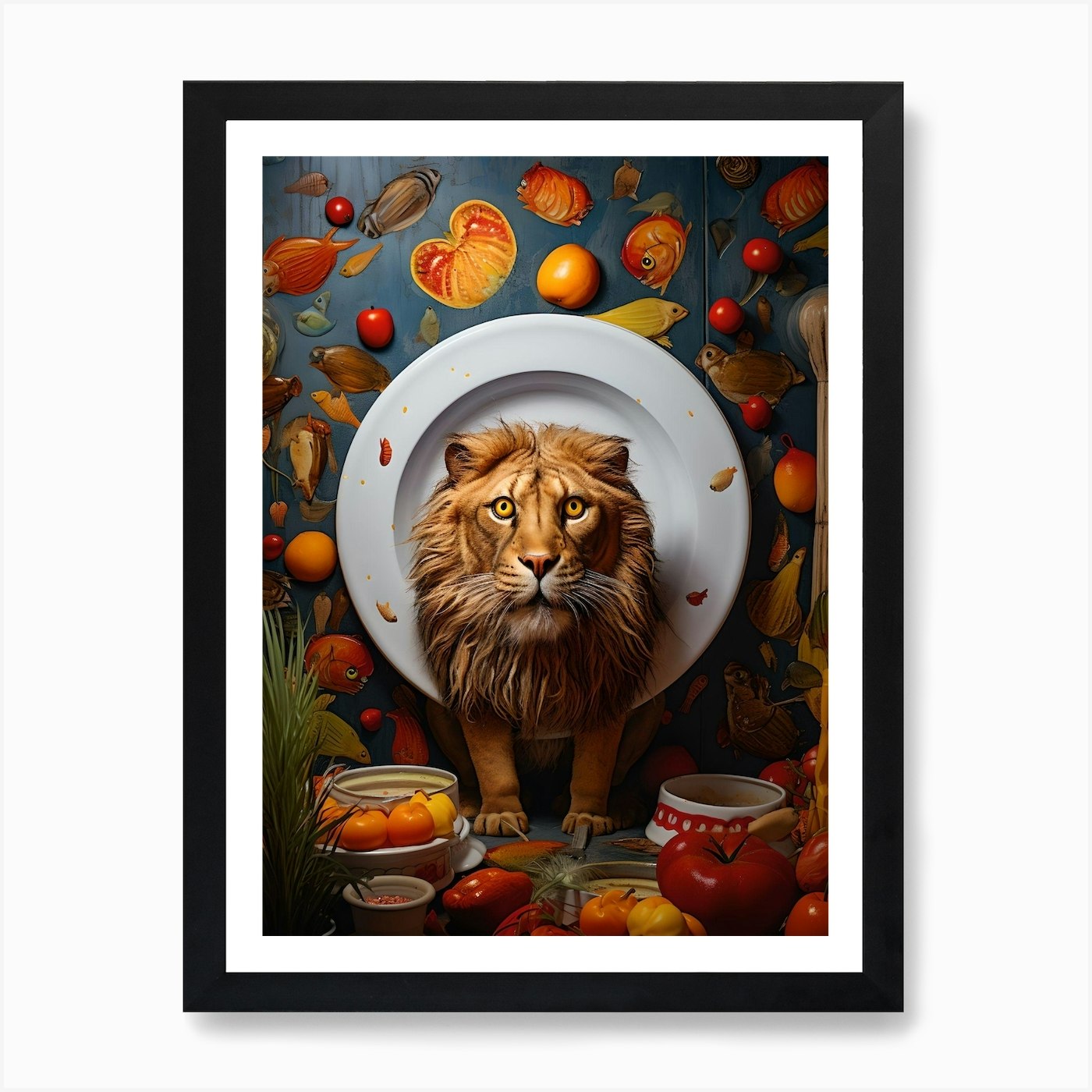 Lion In A Plate Art Print Framed Wall Art Poster Canvas Print Picture