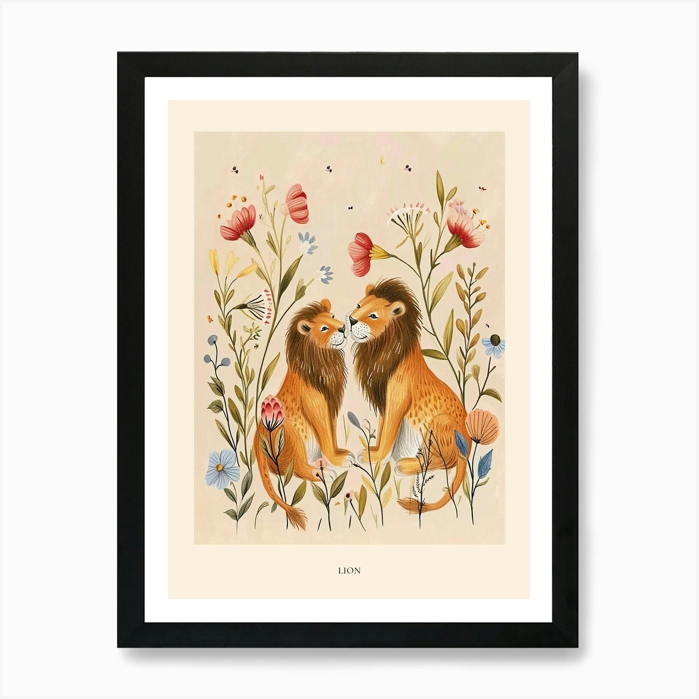 Folksy Floral Animal Drawing Lion 3 Framed Wall Art Poster Canvas Print Picture
