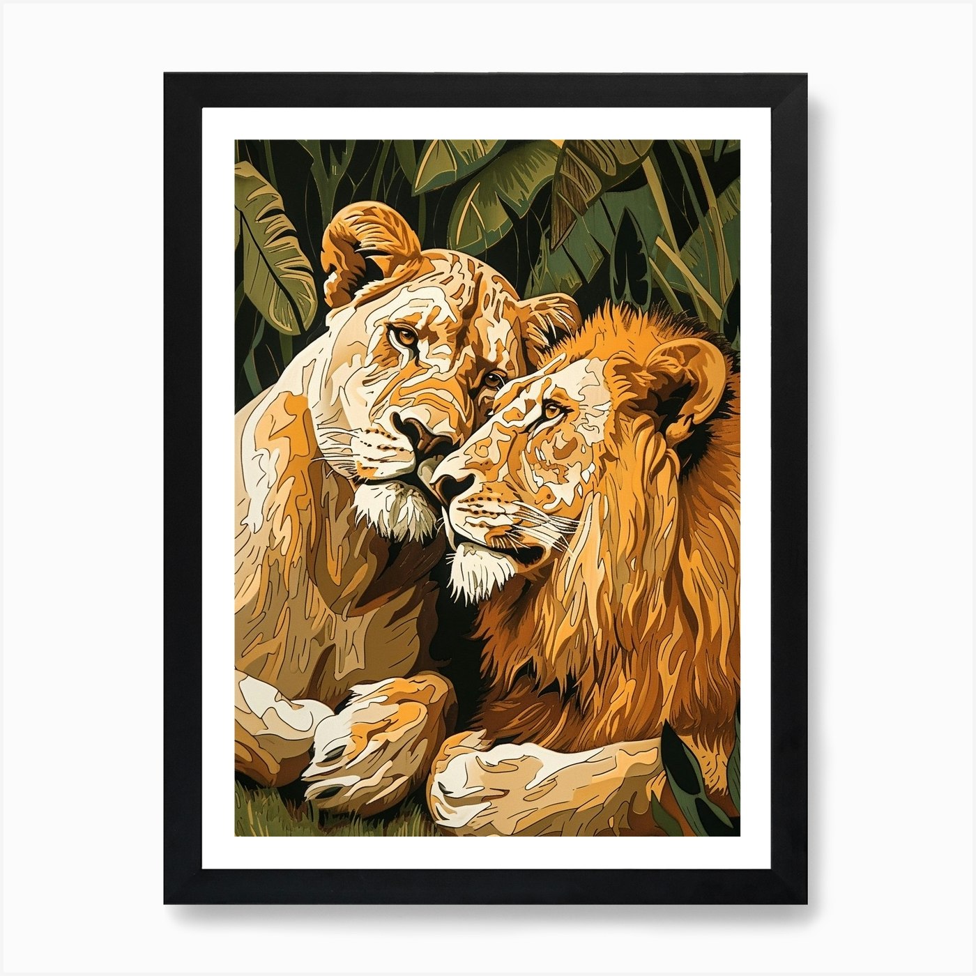 African Lion Relief Illustration Ri Framed Wall Art Poster Canvas Print Picture